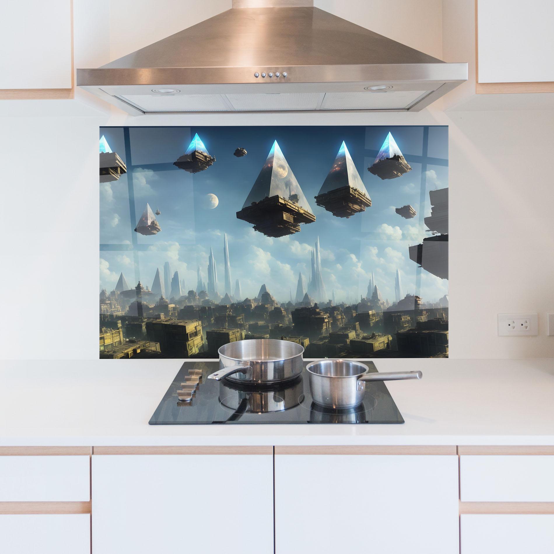 Konyhai üveg hátfal Flying Piramids mockup 5