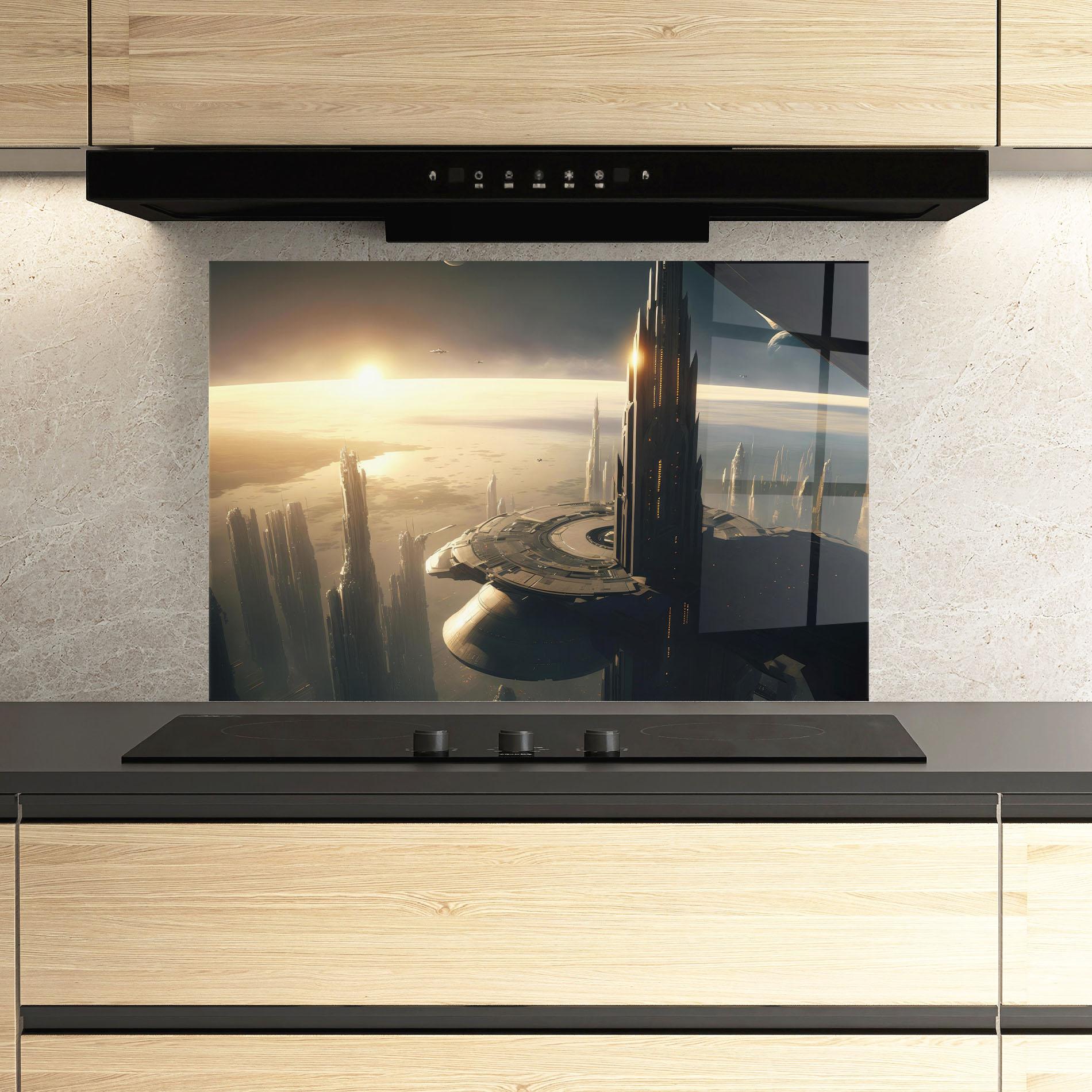 Konyhai üveg hátfal Fantasy Futuristic Cityscape mockup 3