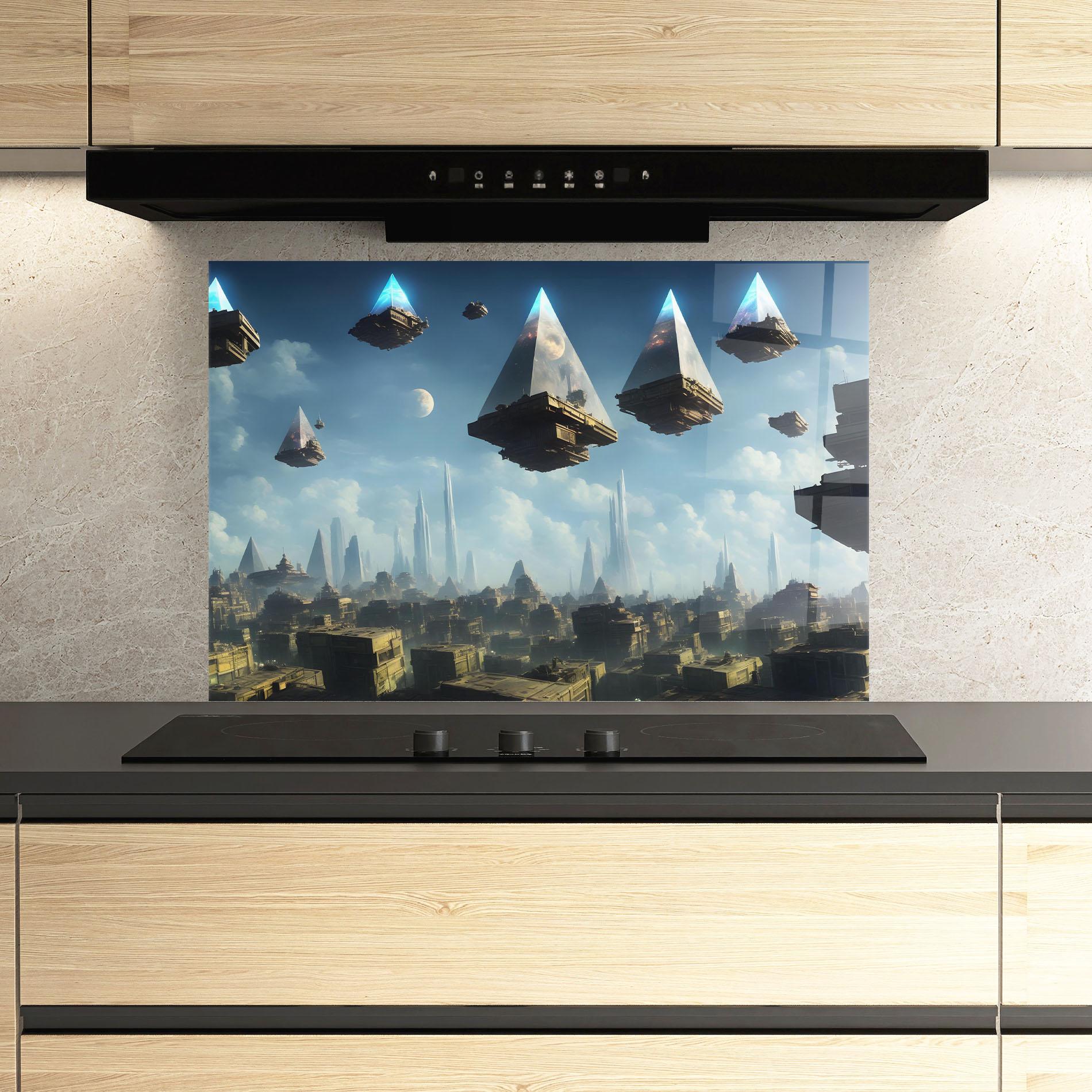 Konyhai üveg hátfal Flying Piramids mockup 3