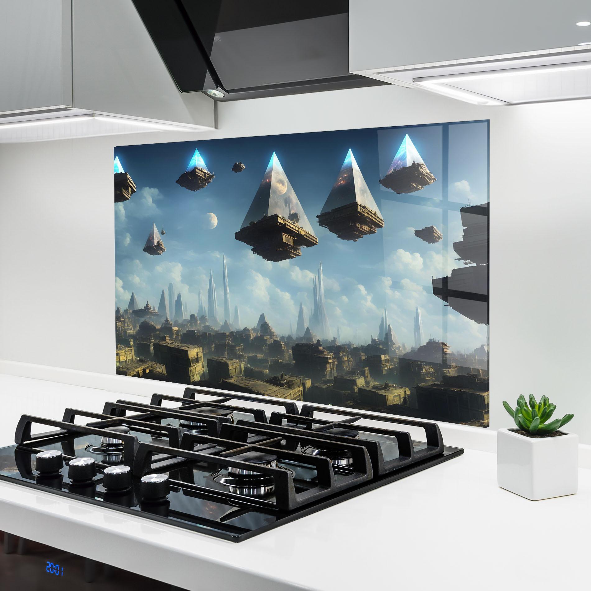 Konyhai üveg hátfal Flying Piramids mockup 6