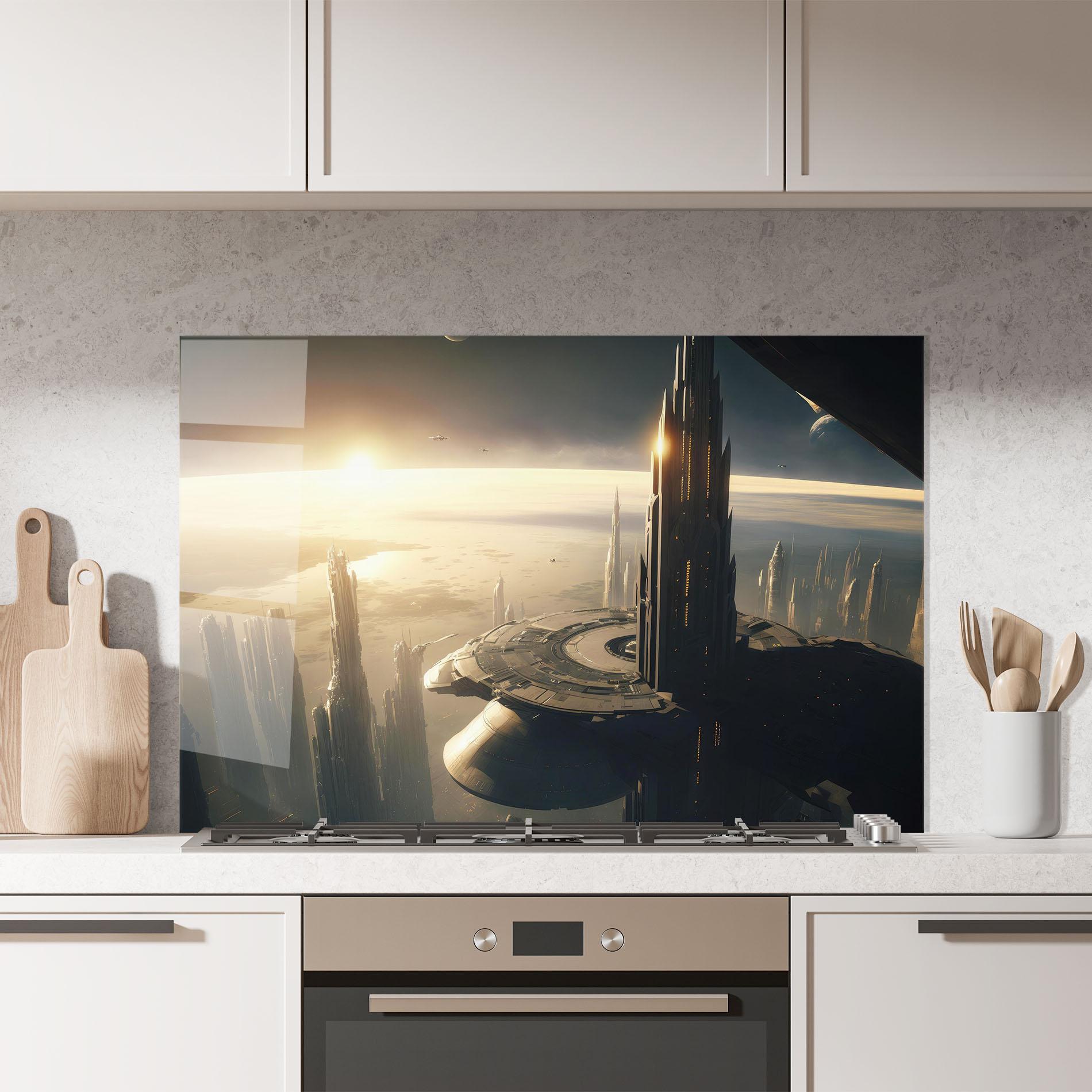 Konyhai üveg hátfal Fantasy Futuristic Cityscape mockup 7
