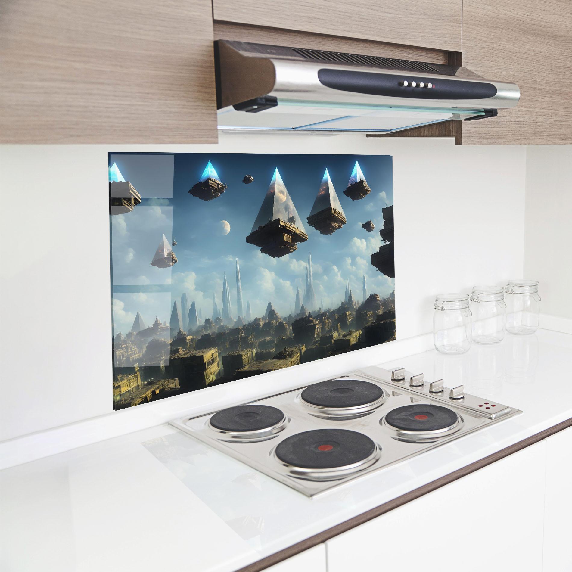 Konyhai üveg hátfal Flying Piramids mockup 8