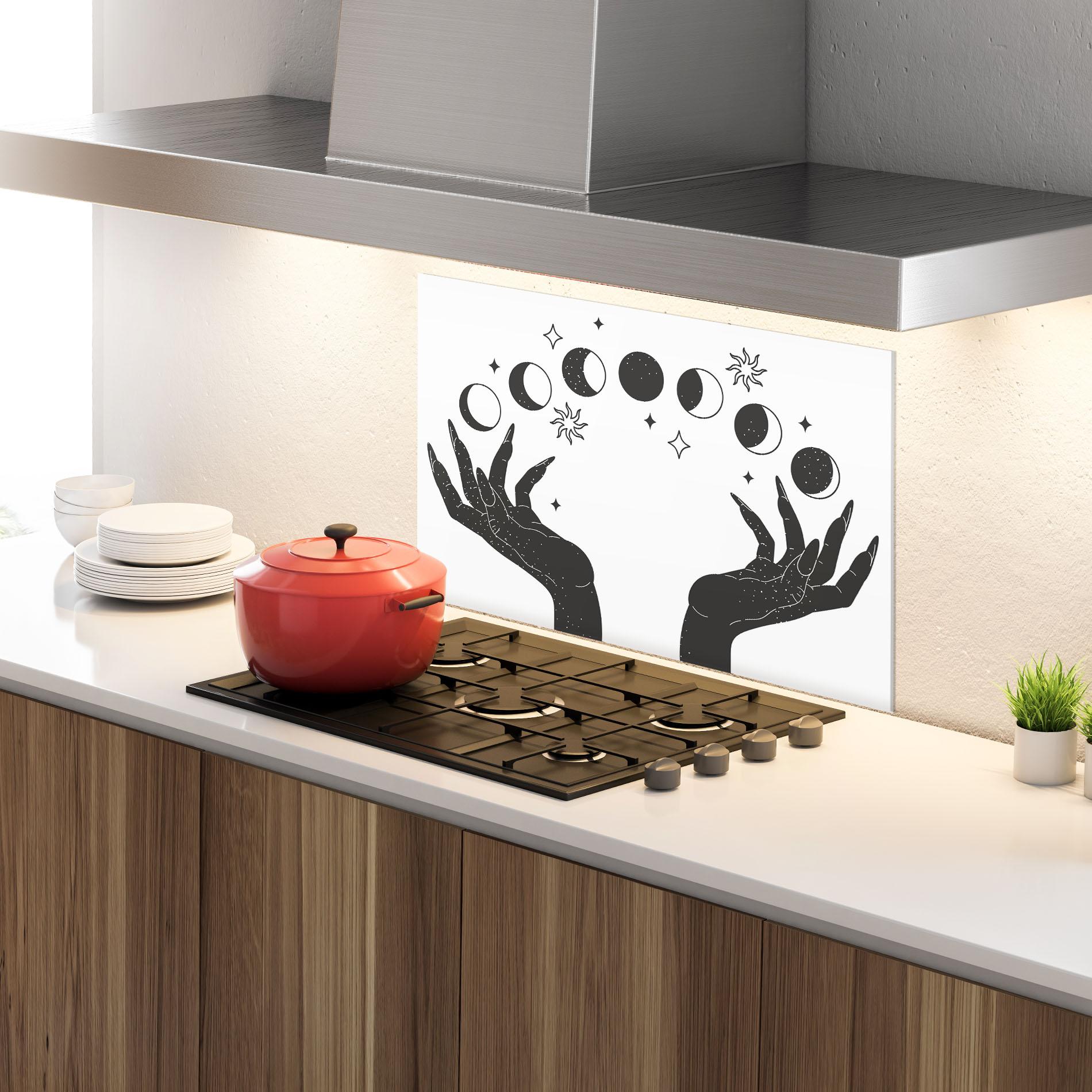 Konyhai üveg hátfal Magic Moon Hands mockup 4