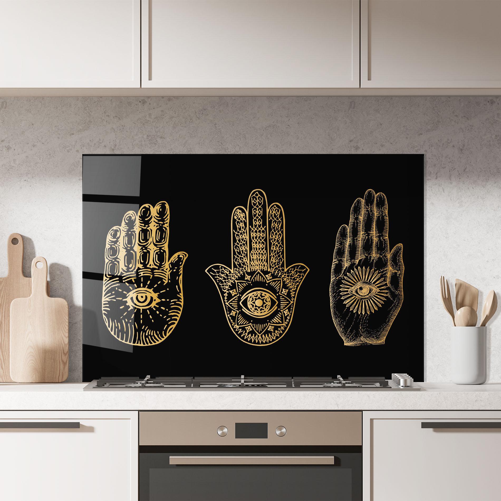 Konyhai üveg hátfal Witch Gold Hands mockup 7