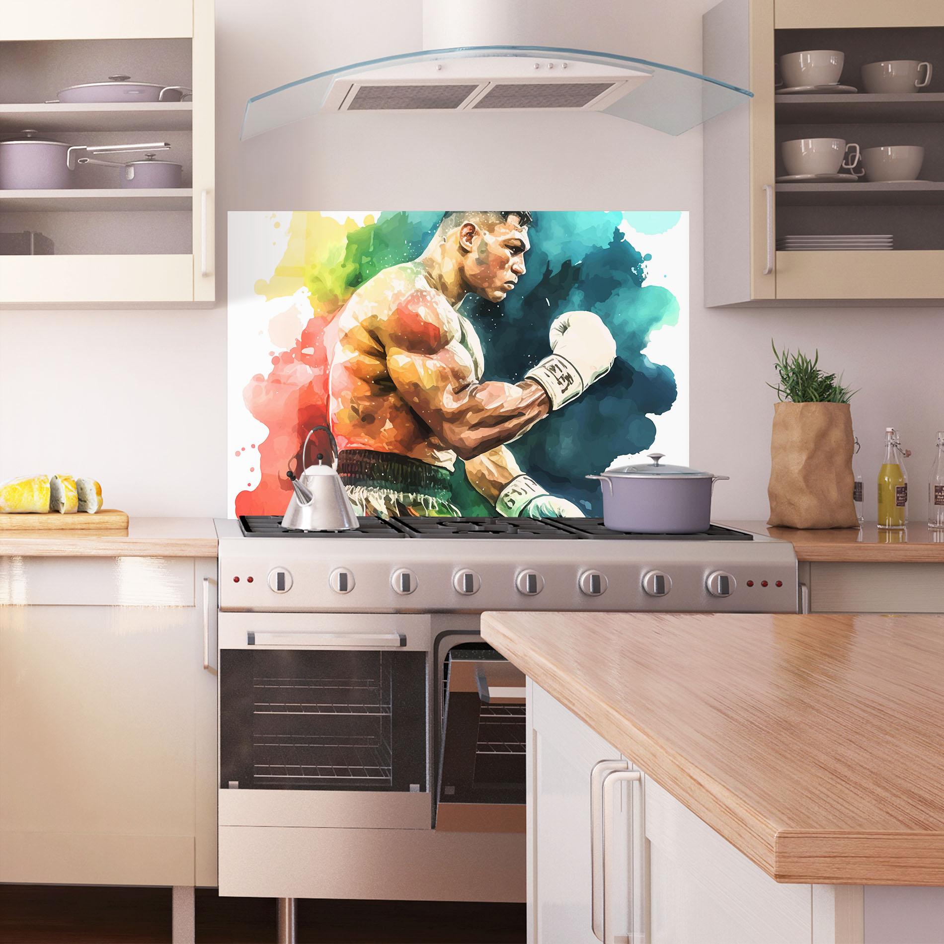 Konyhai üveg hátfal Boxing Blue Red mockup 1