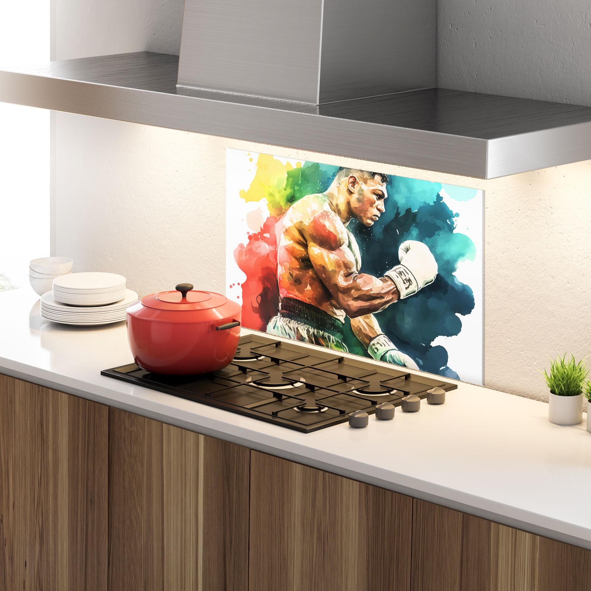 Konyhai üveg hátfal Boxing Blue Red mockup 4