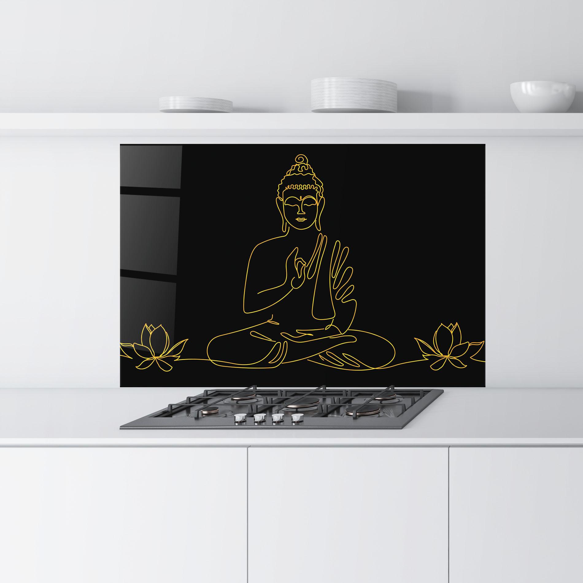 Konyhai üveg hátfal Buddha Gold Line mockup 9