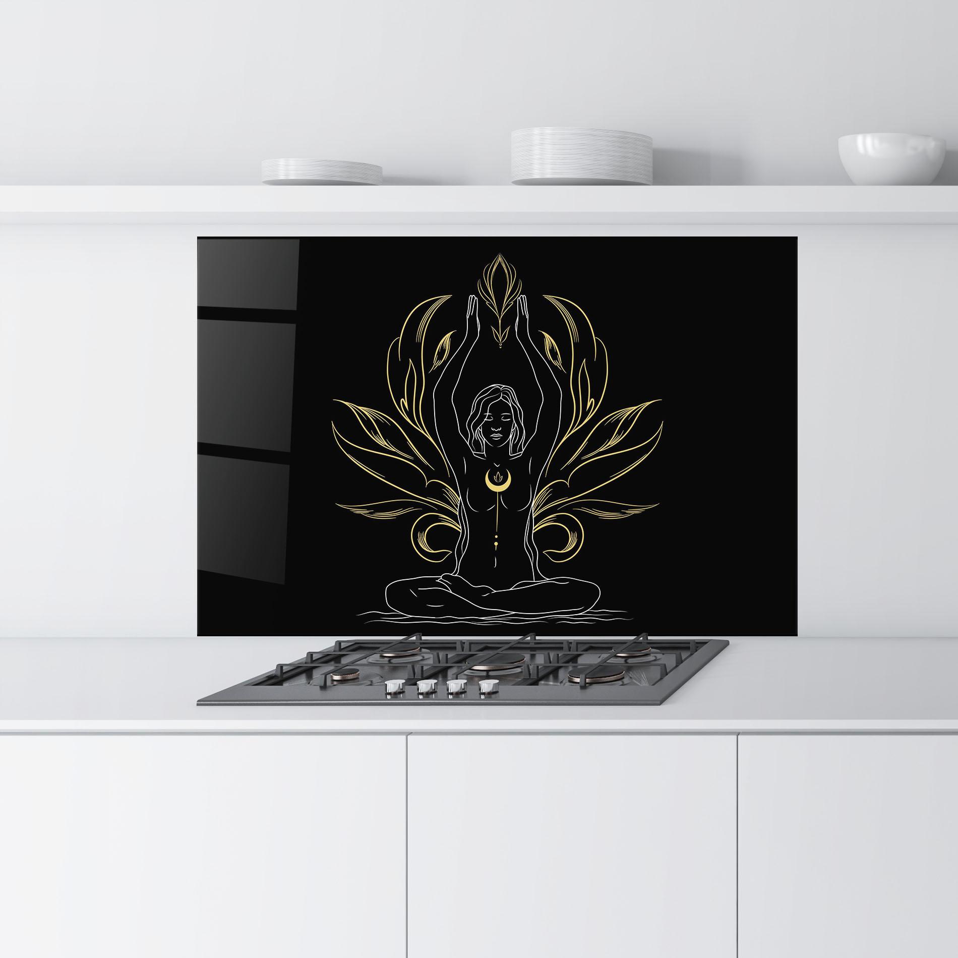 Konyhai üveg hátfal Gold Yoga Pose mockup 9