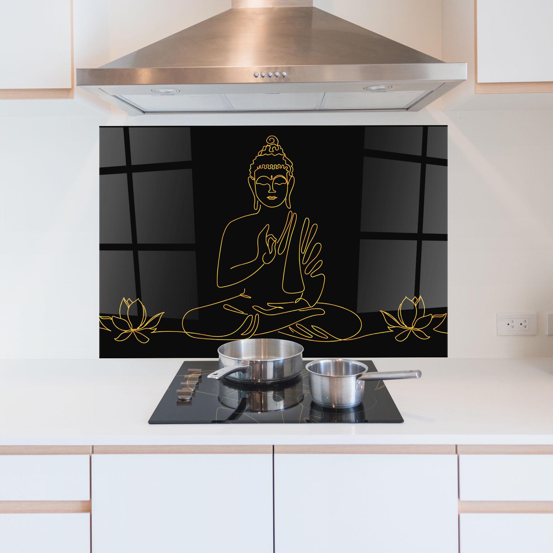 Konyhai üveg hátfal Buddha Gold Line mockup 5