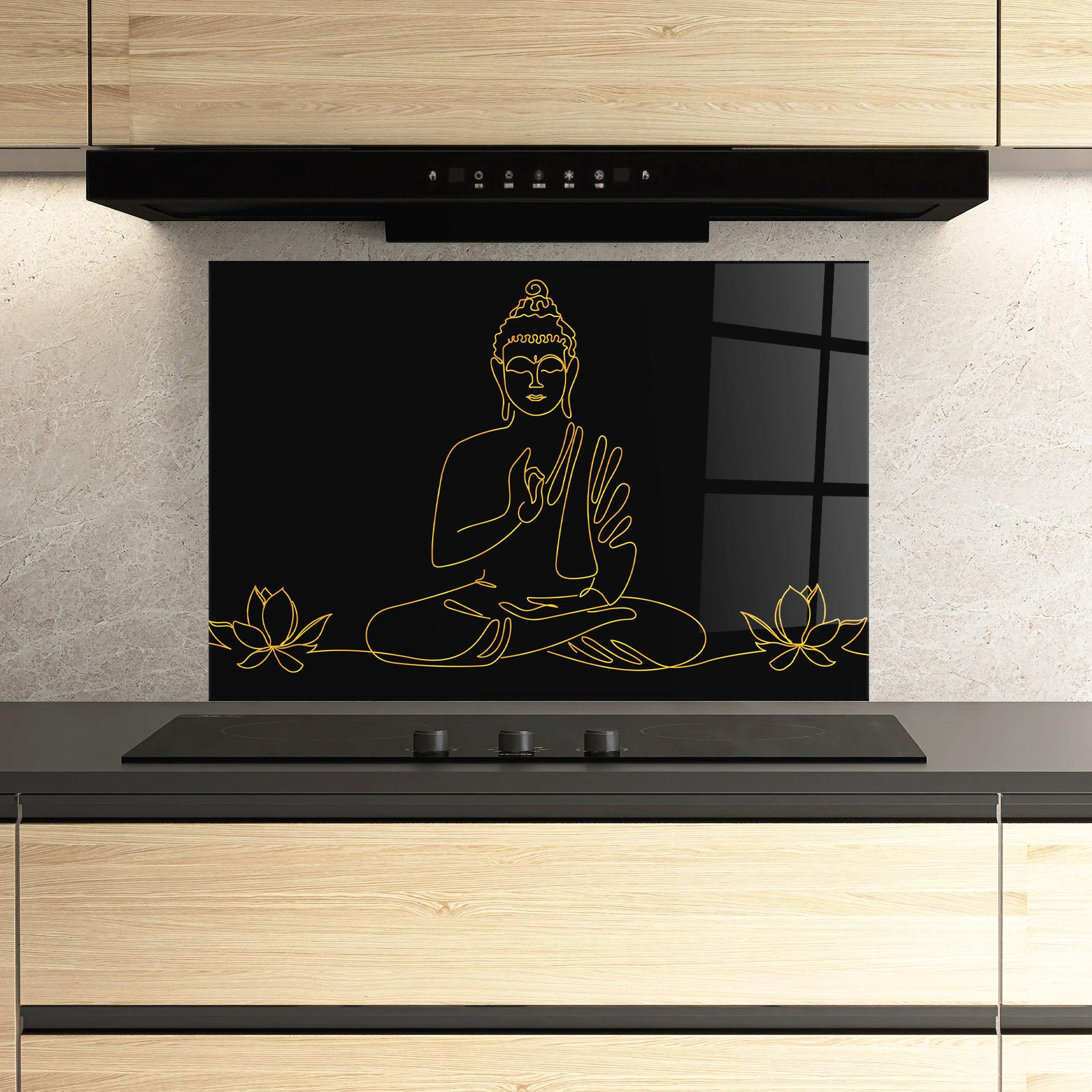 Konyhai üveg hátfal Buddha Gold Line mockup 3