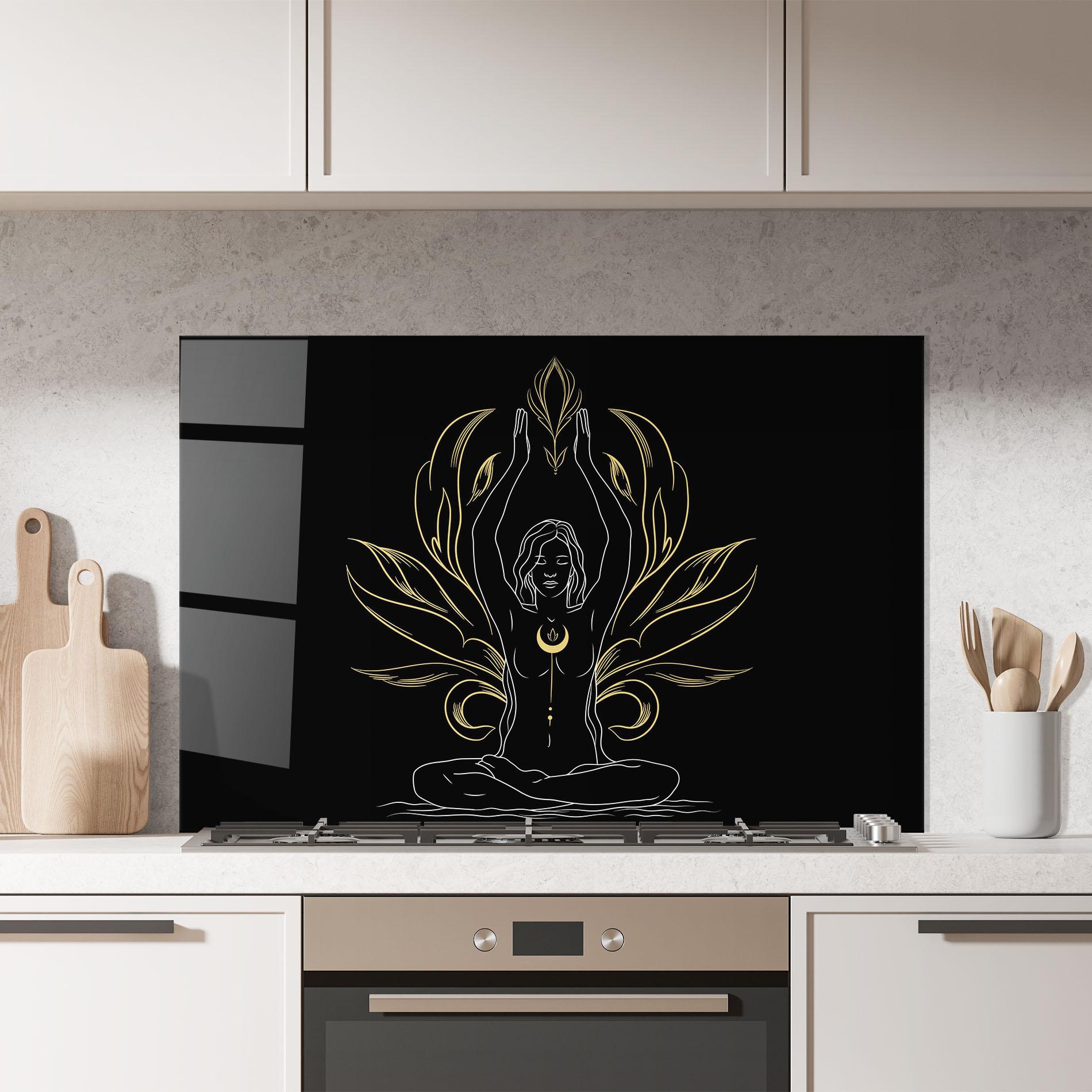 Konyhai üveg hátfal Gold Yoga Pose mockup 7