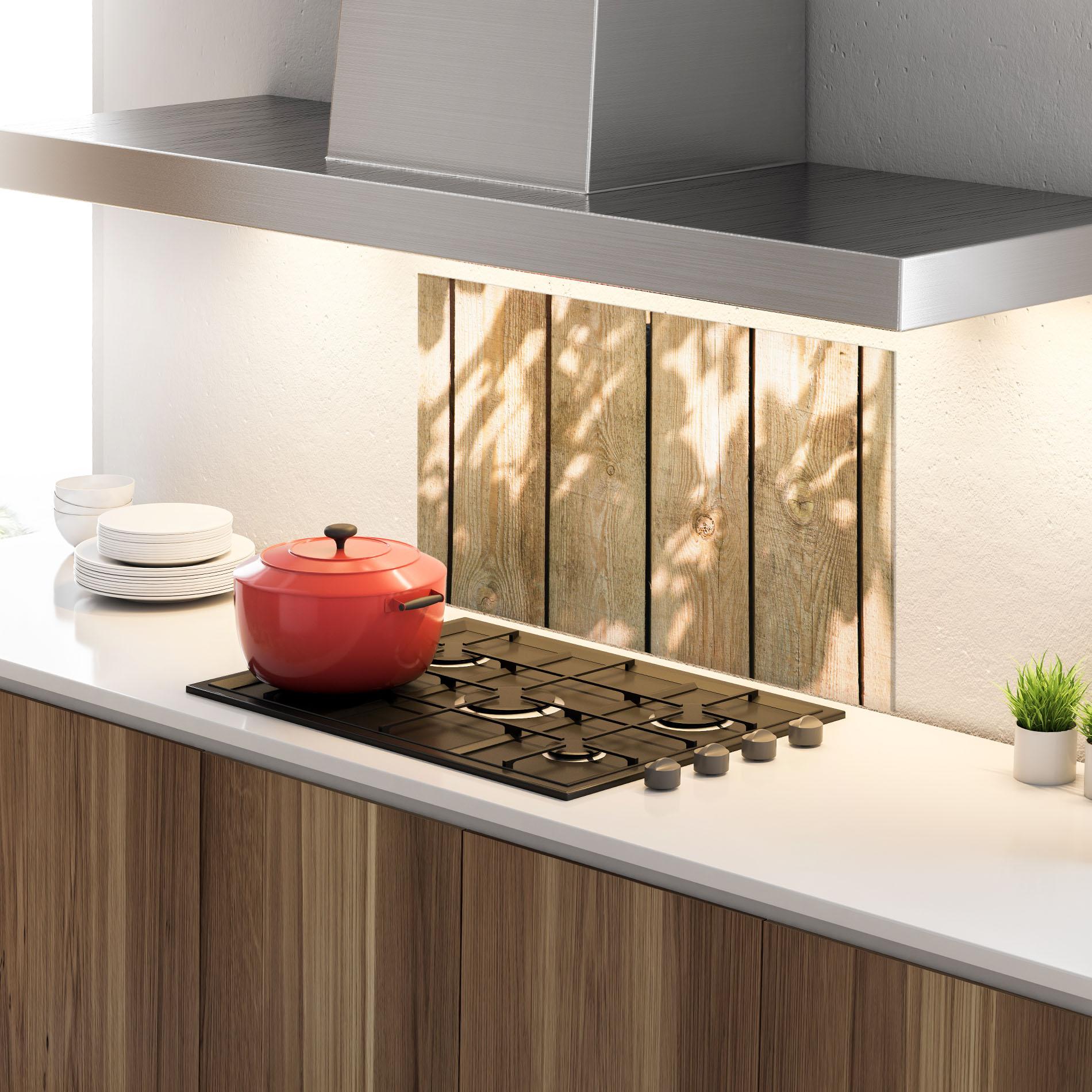 Konyhai üveg hátfal Shadows On Wood mockup 4