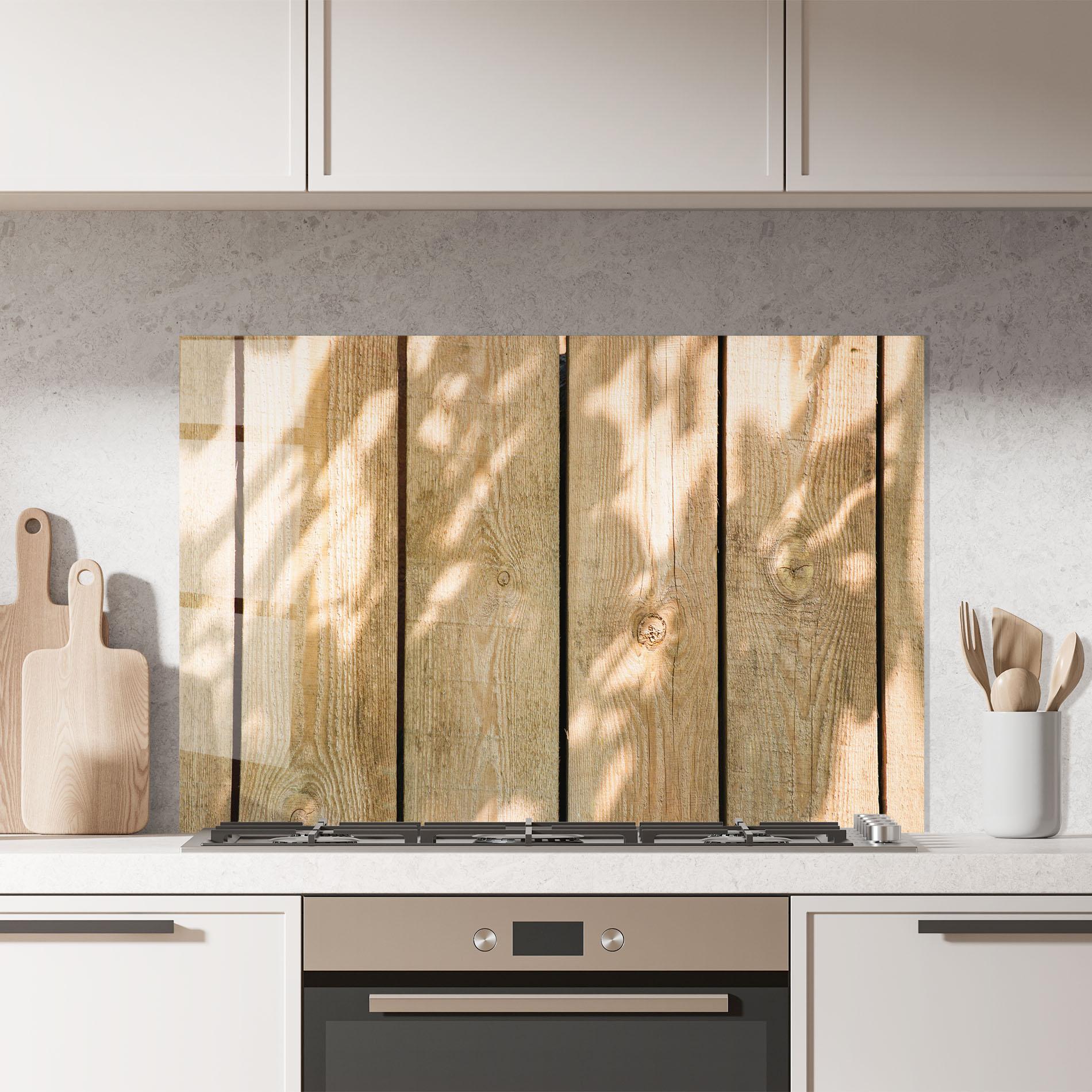 Konyhai üveg hátfal Shadows On Wood mockup 7