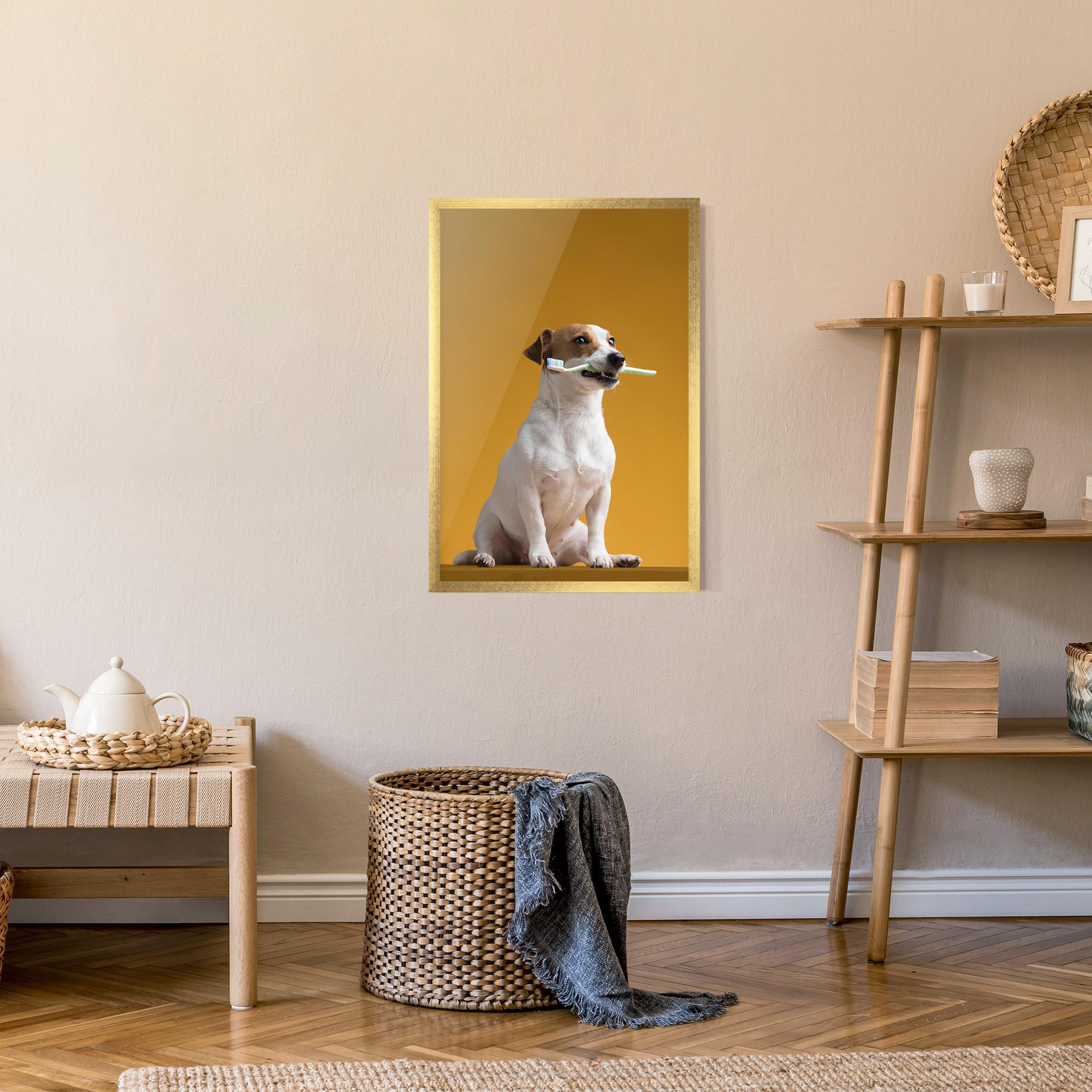 Keretezett Poszter Toothbrush Dog mockup 9