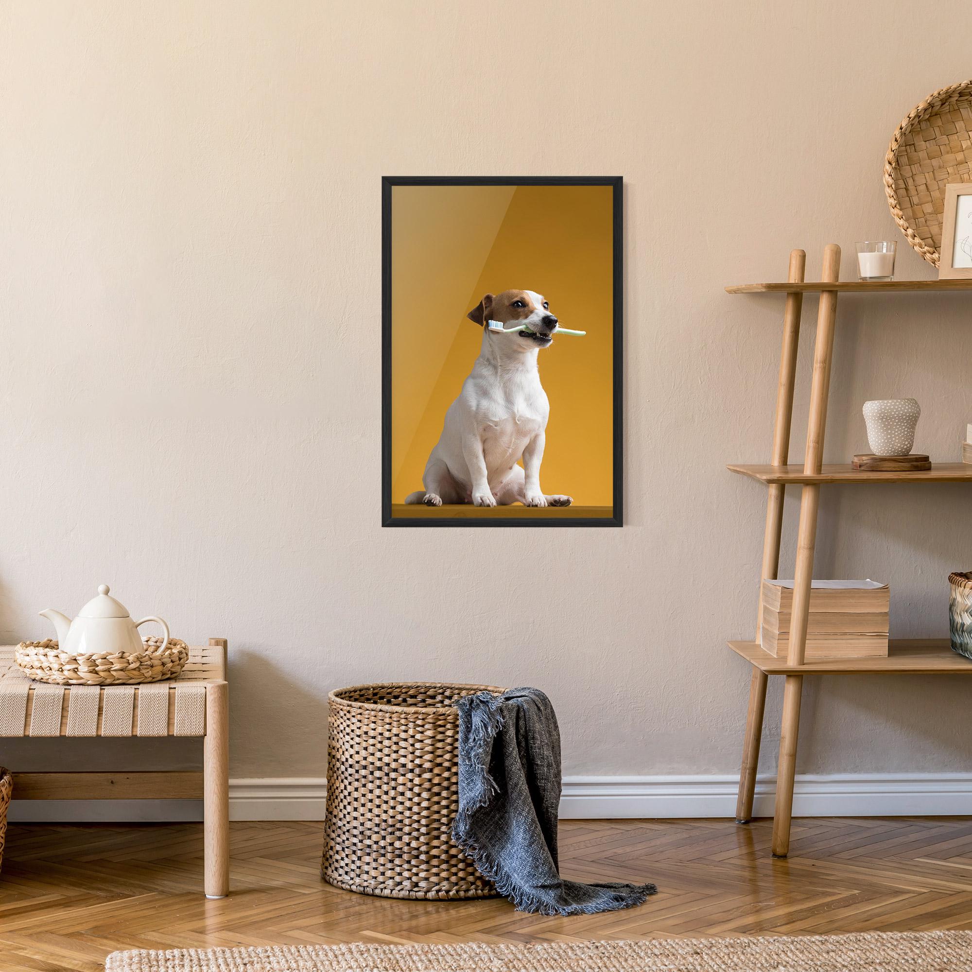 Keretezett Poszter Toothbrush Dog mockup 9