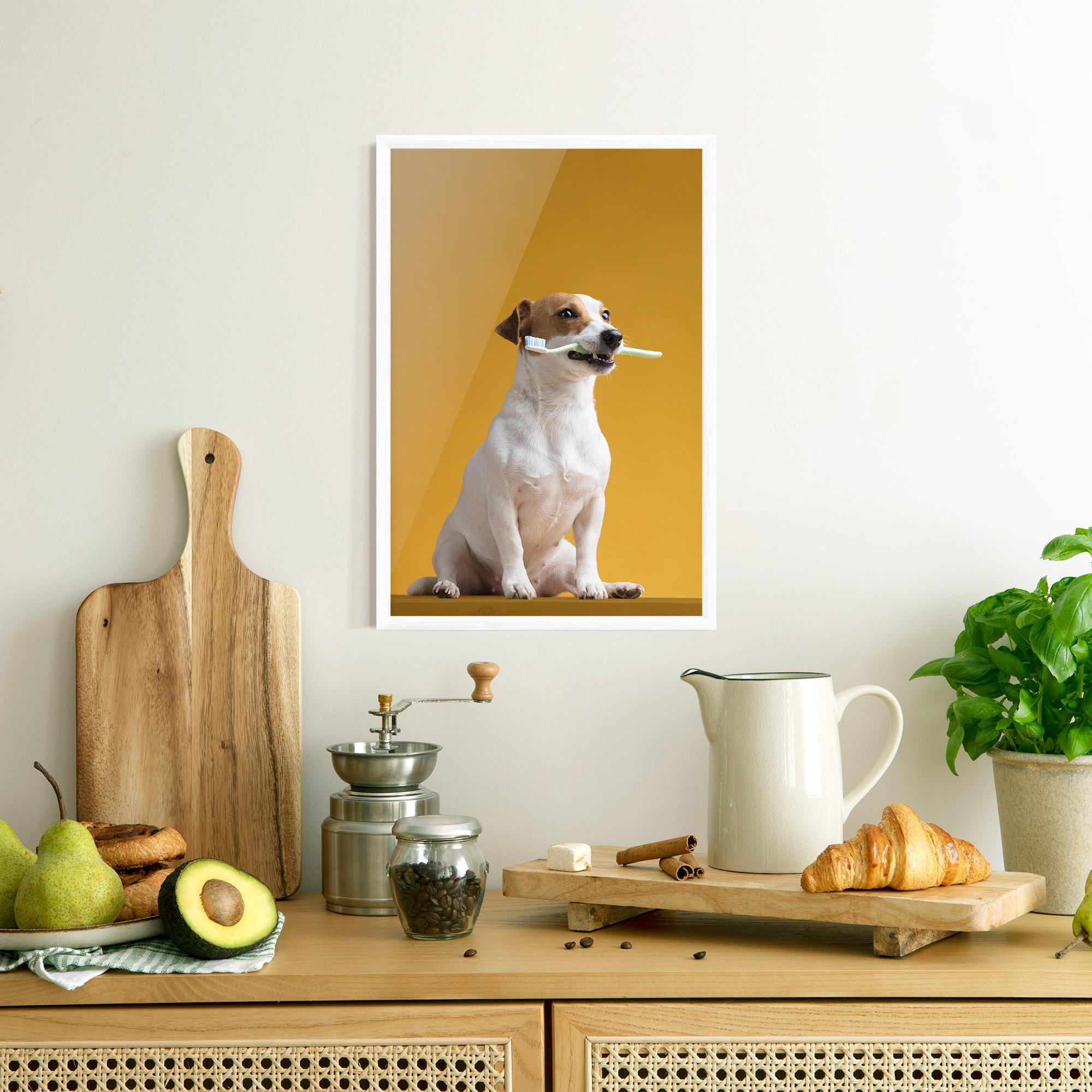 Keretezett Poszter Toothbrush Dog mockup 8