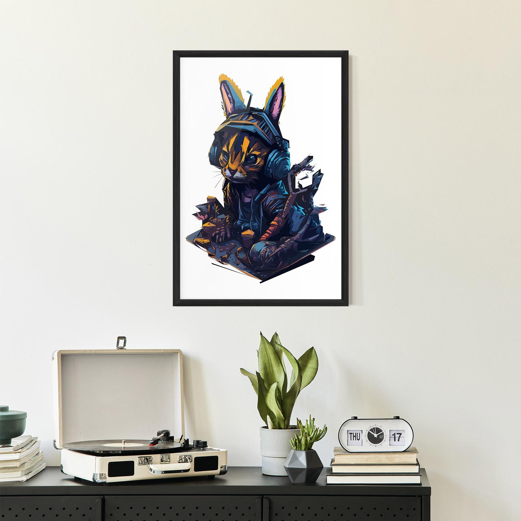 Keretezett Poszter Orange Rabbit Headset mockup 2