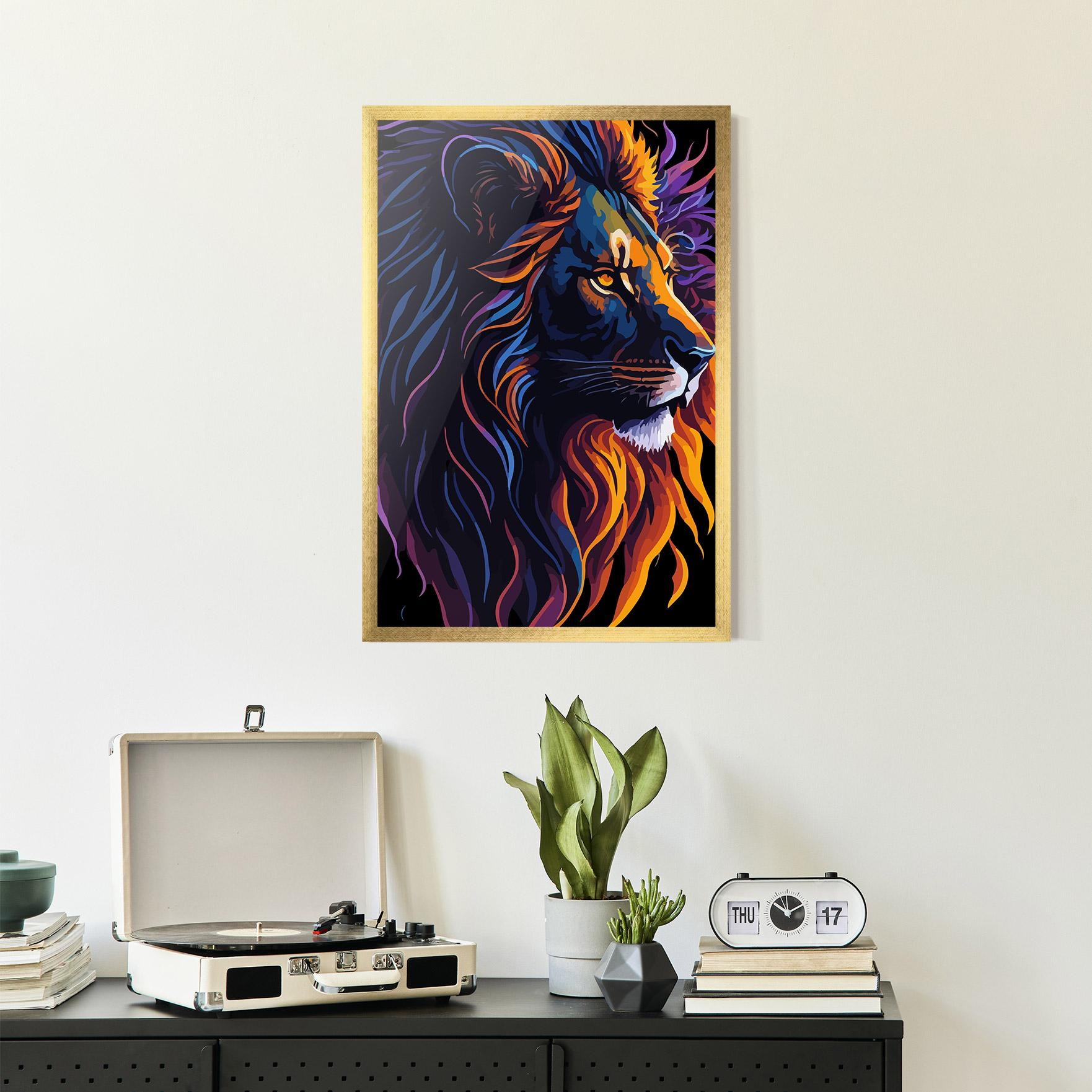 Keretezett Poszter Colorful Lion On Black mockup 2