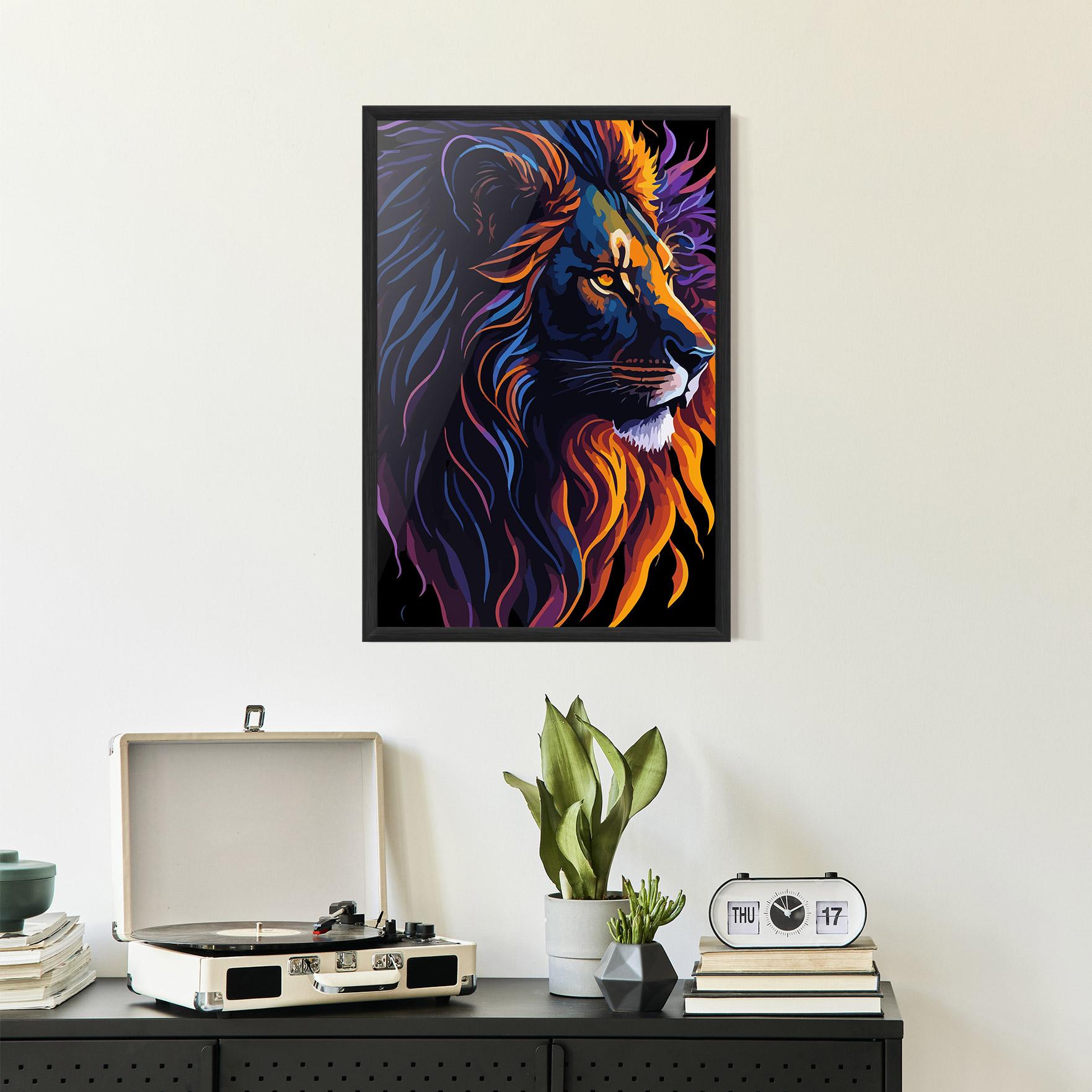 Keretezett Poszter Colorful Lion On Black mockup 2