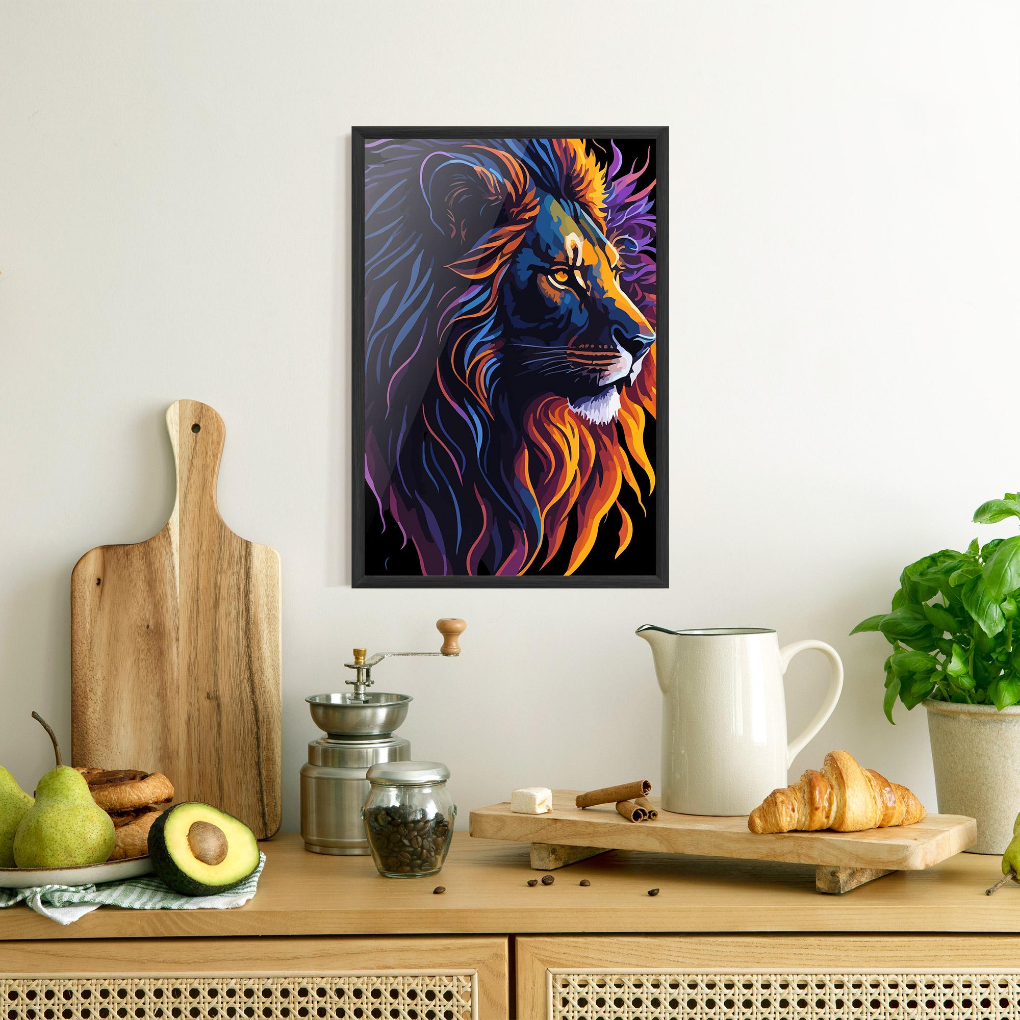 Keretezett Poszter Colorful Lion On Black mockup 8