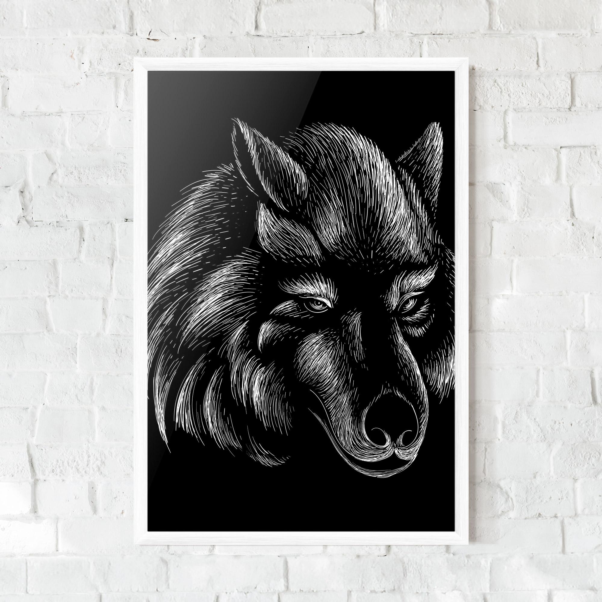 Keretezett Poszter White Line Wolf mockup 0