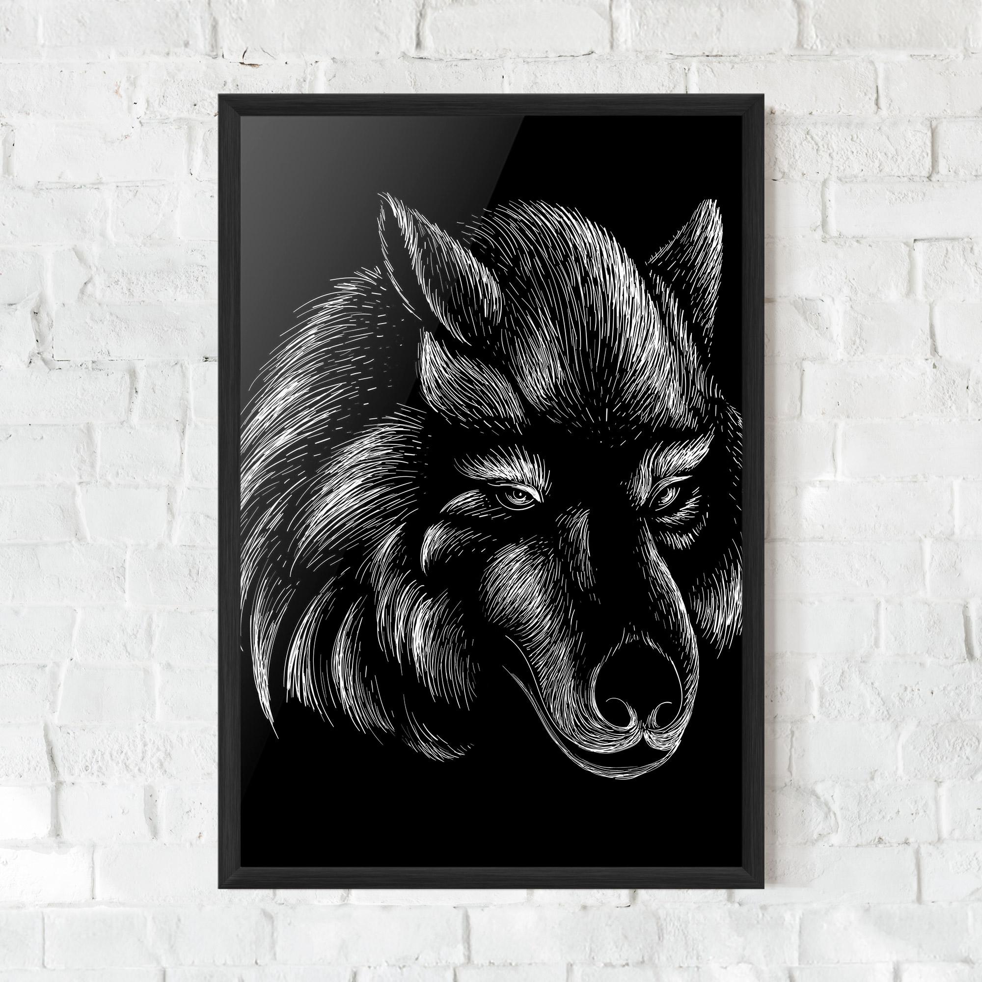 Keretezett Poszter White Line Wolf mockup 0
