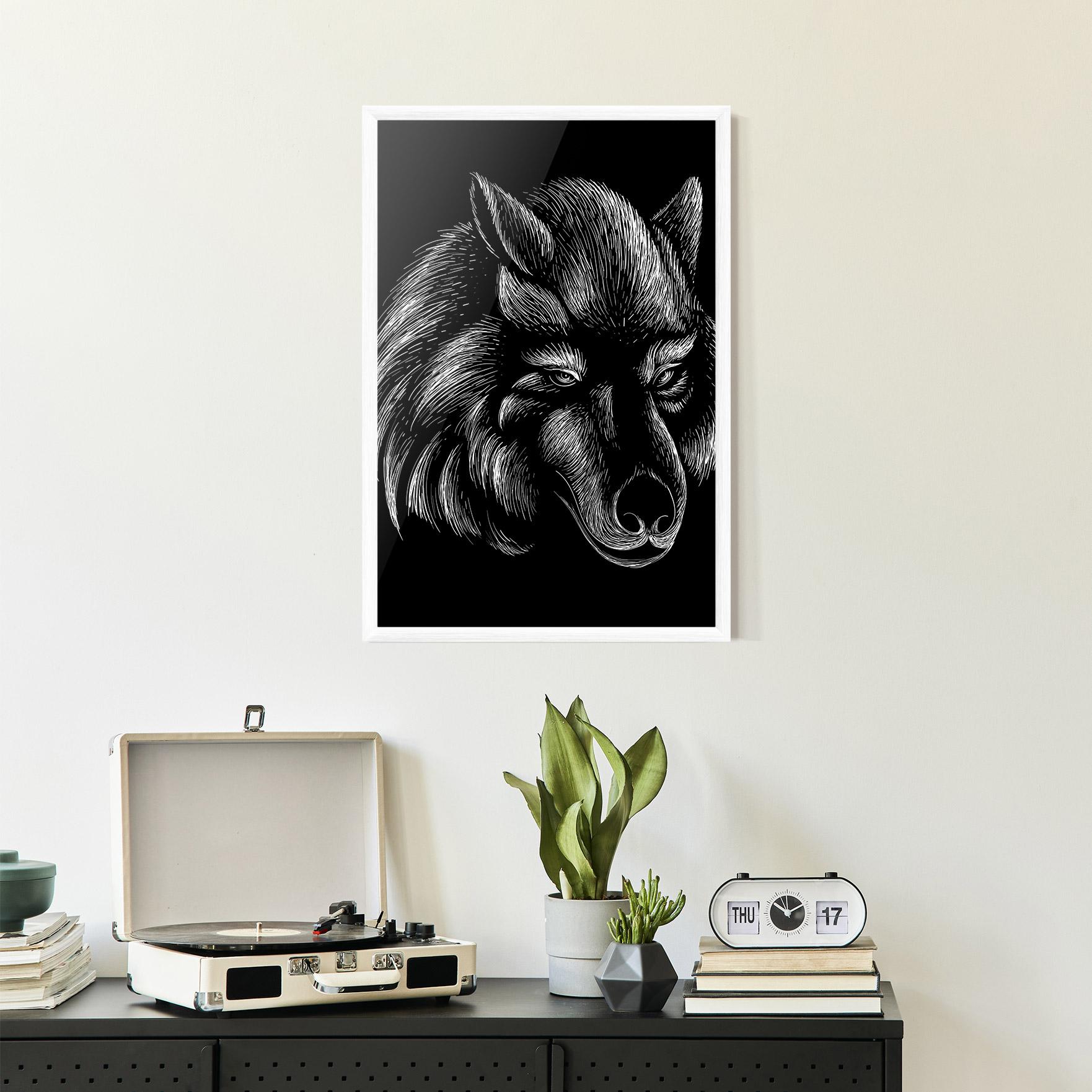 Keretezett Poszter White Line Wolf mockup 2