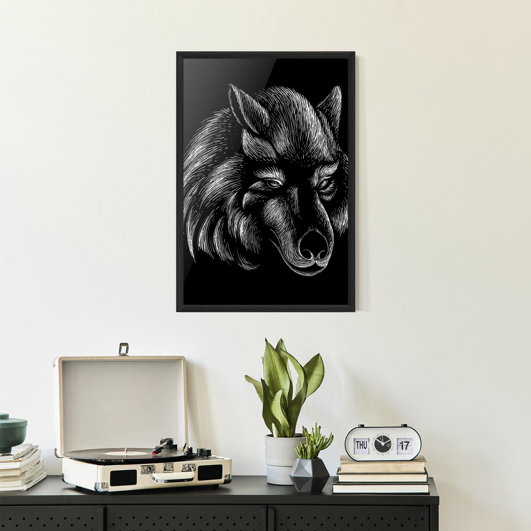 Keretezett Poszter White Line Wolf mockup 2
