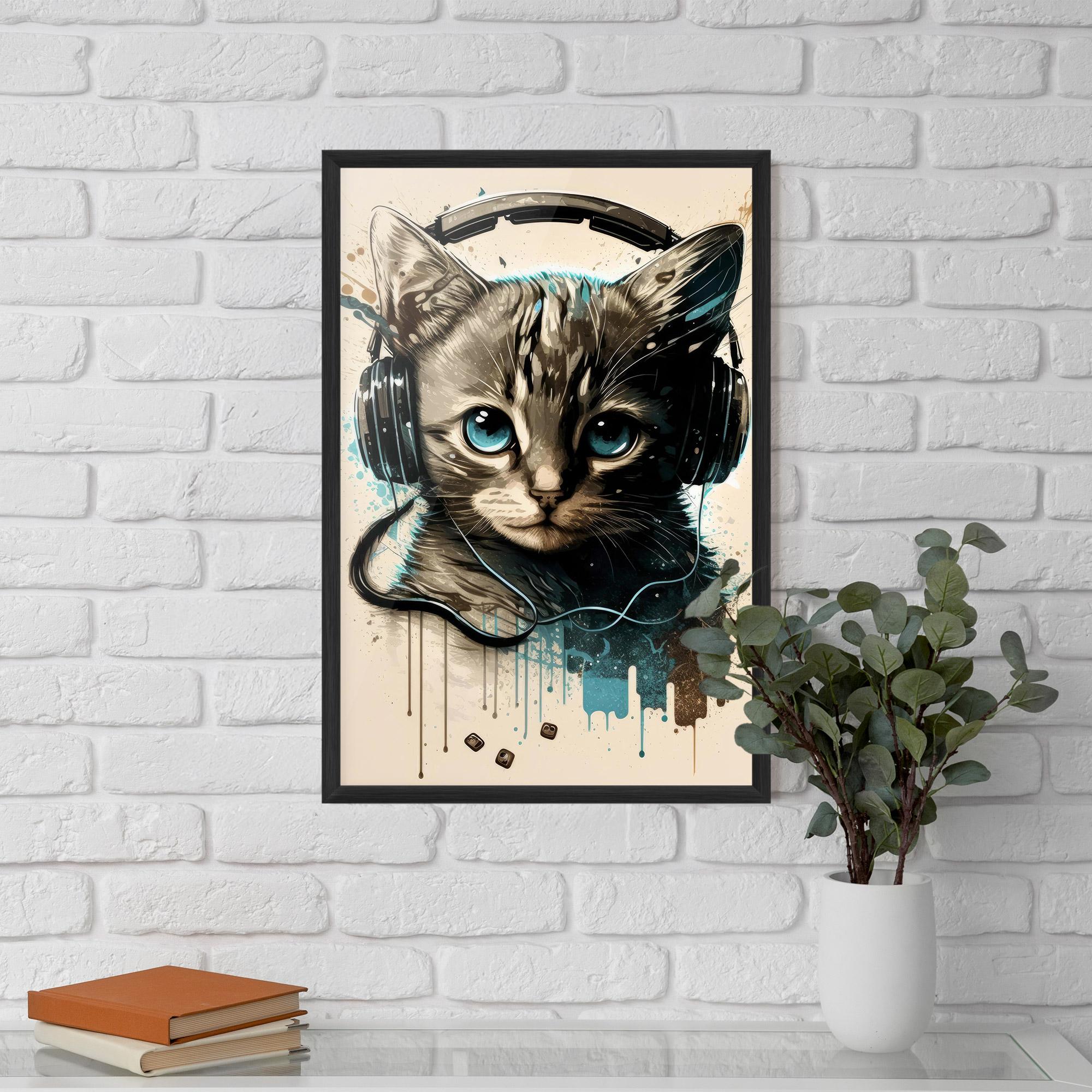 Keretezett Poszter Headphones Cute Cat mockup 5