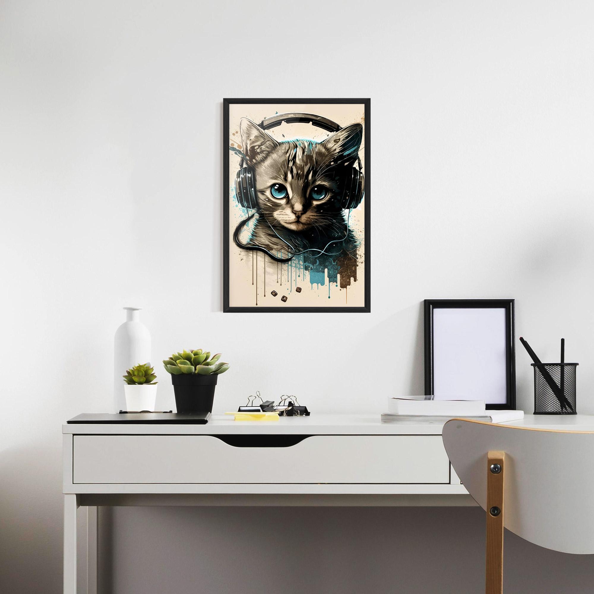 Keretezett Poszter Headphones Cute Cat mockup 7