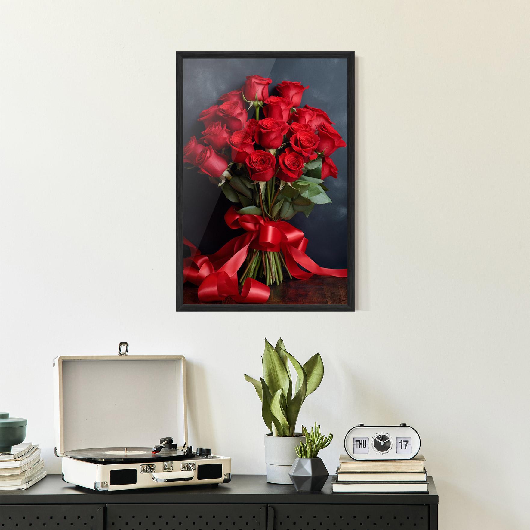 Keretezett Poszter Beautiful Red Roses Bouquet mockup 2