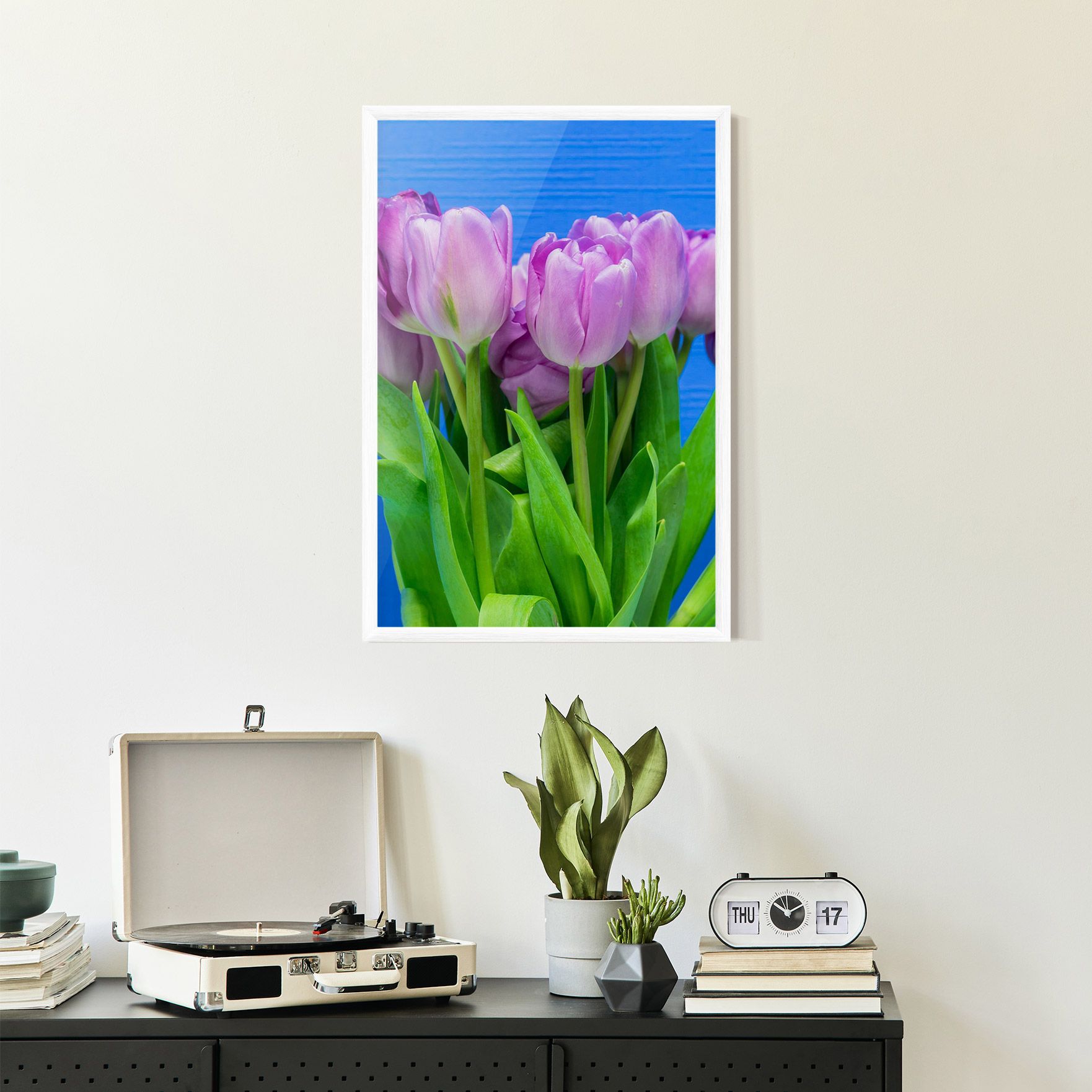 Purple Tulips On Blue mockup 2