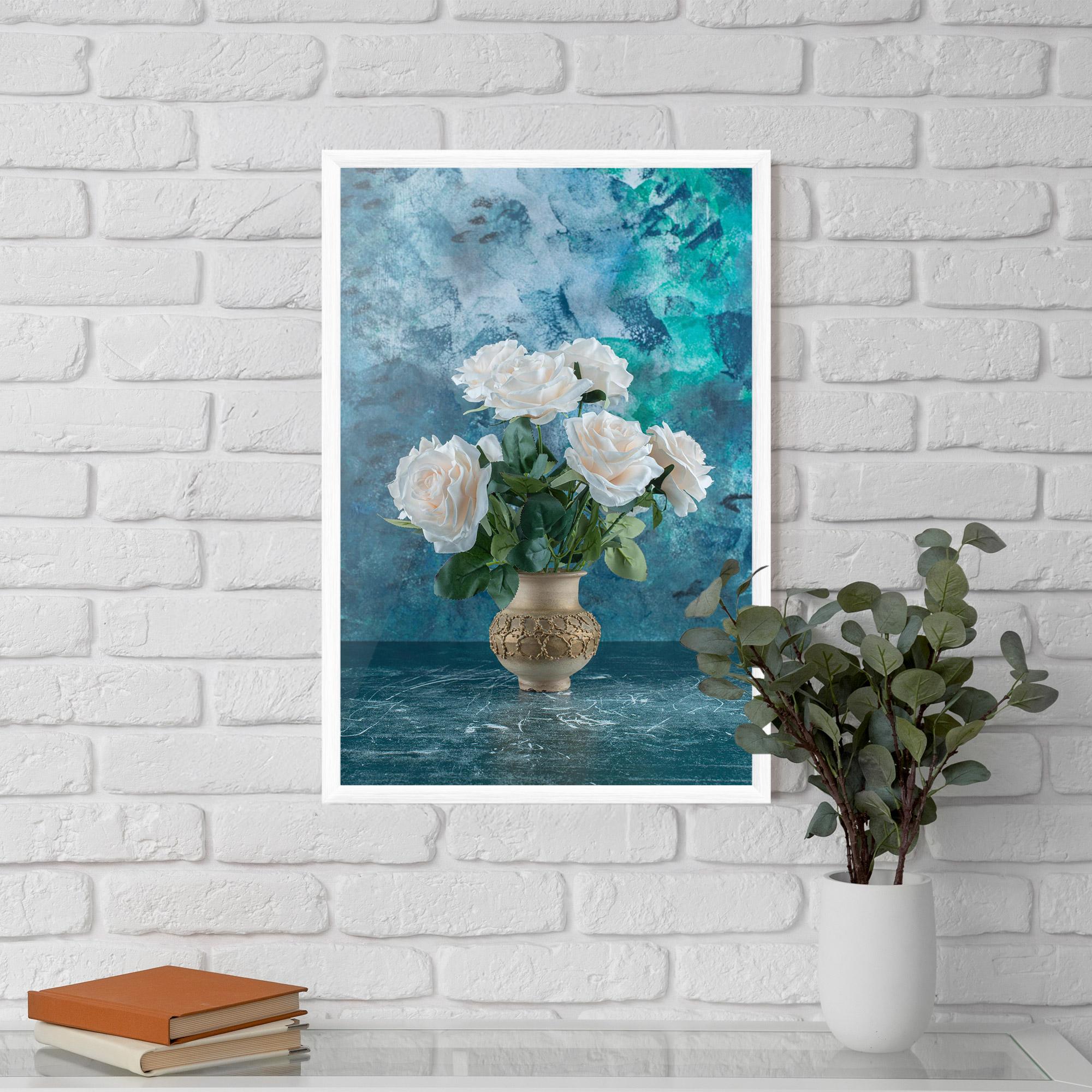 Keretezett Poszter White Roses On Blue mockup 5