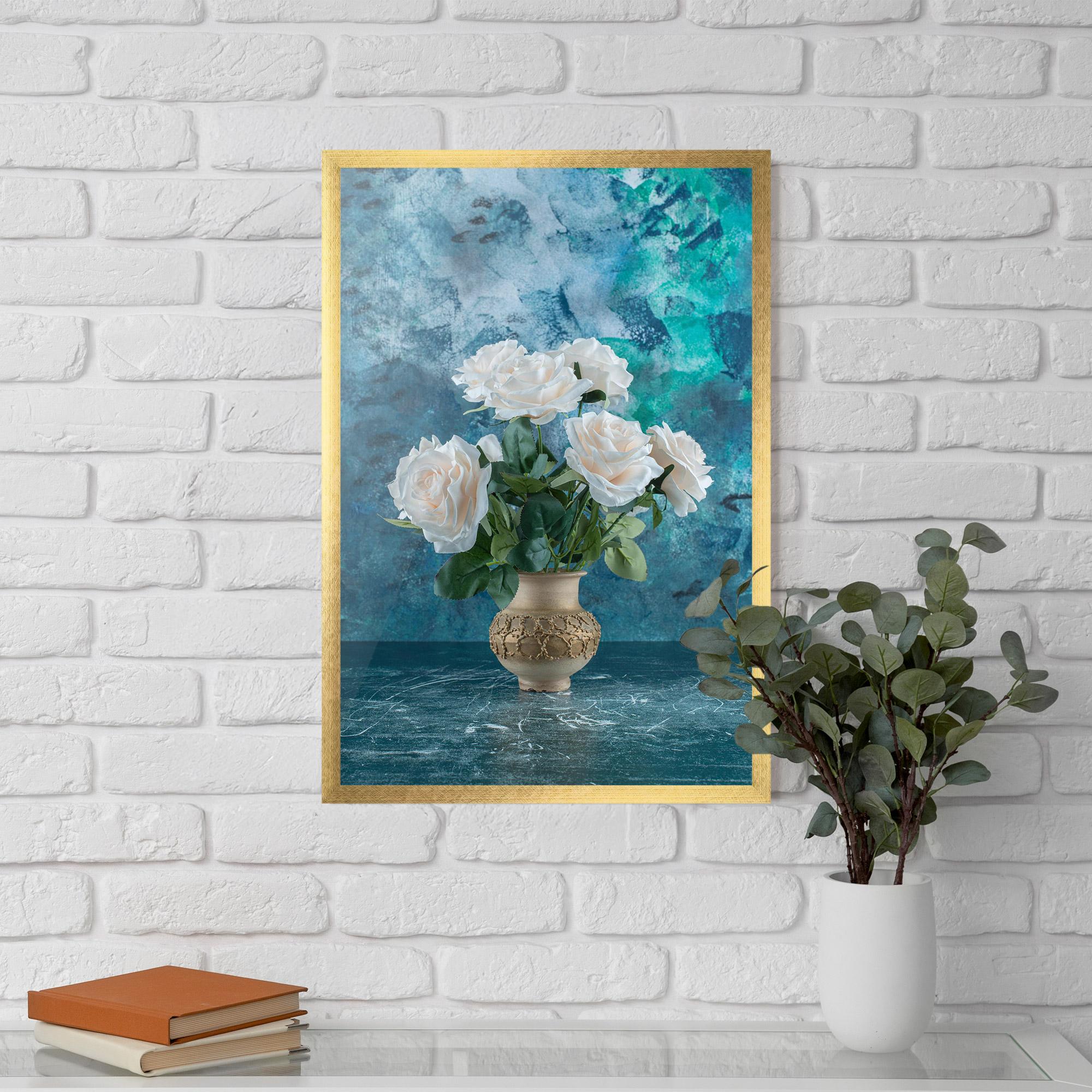 Keretezett Poszter White Roses On Blue mockup 5