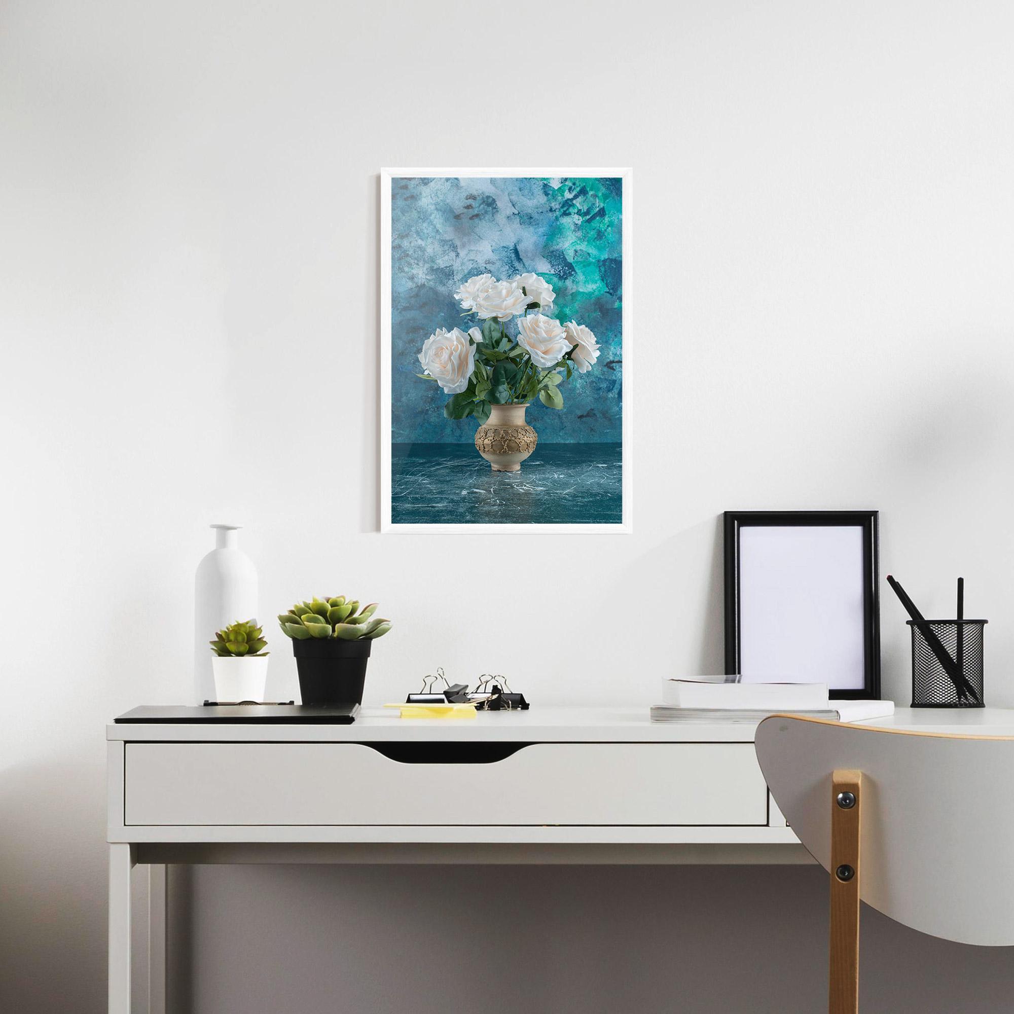 Keretezett Poszter White Roses On Blue mockup 7
