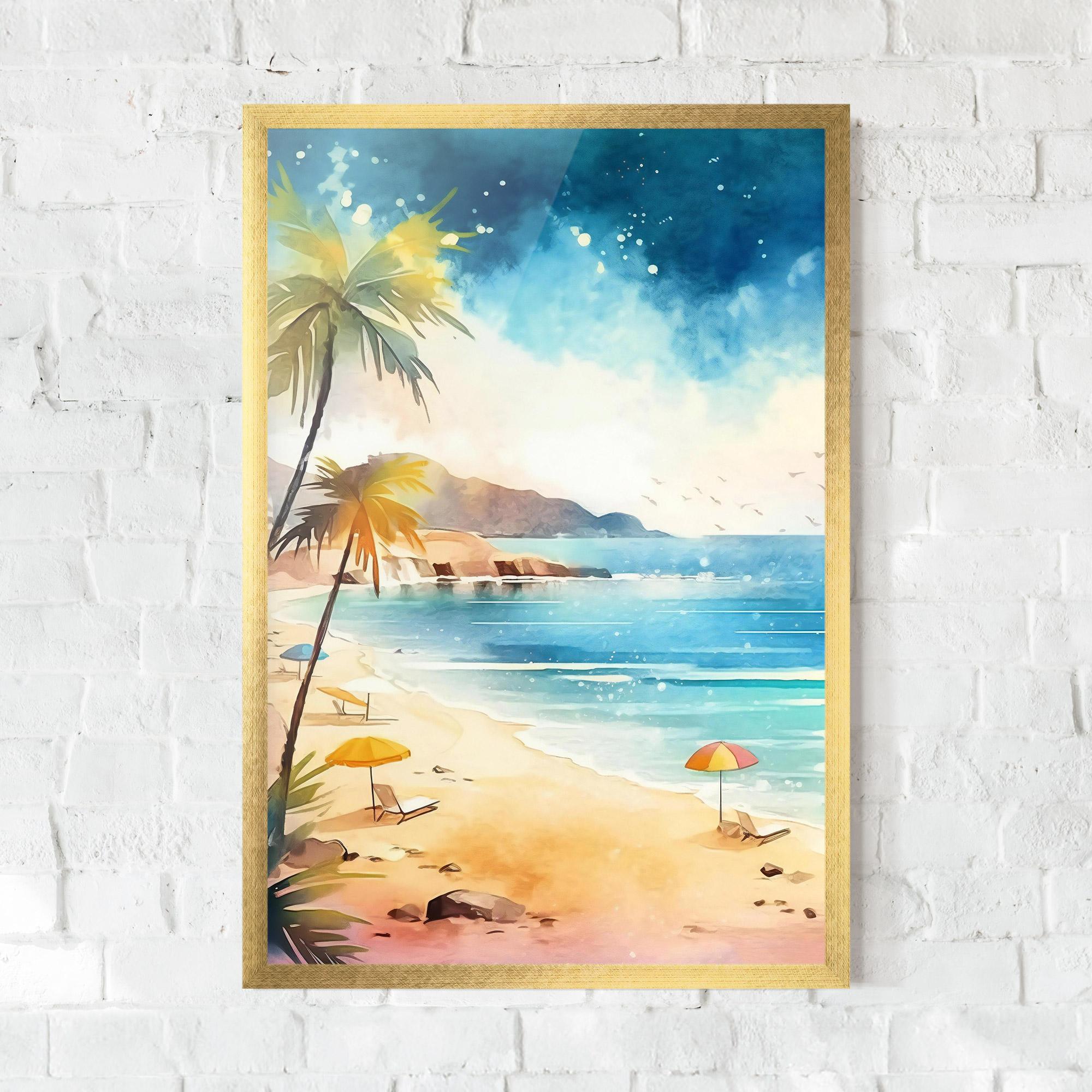 Keretezett Poszter Umbrellas Beach Art mockup 0