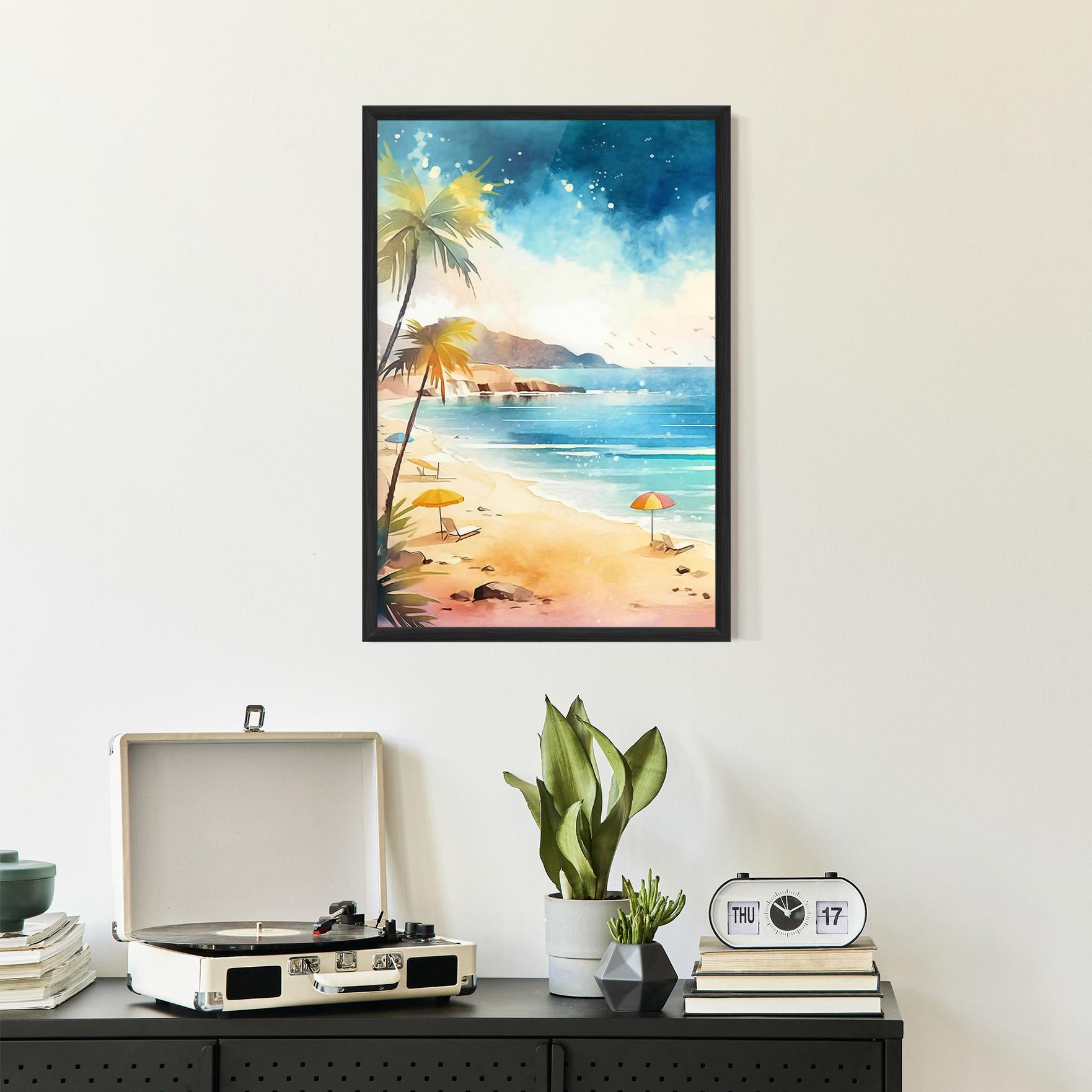 Keretezett Poszter Umbrellas Beach Art mockup 2