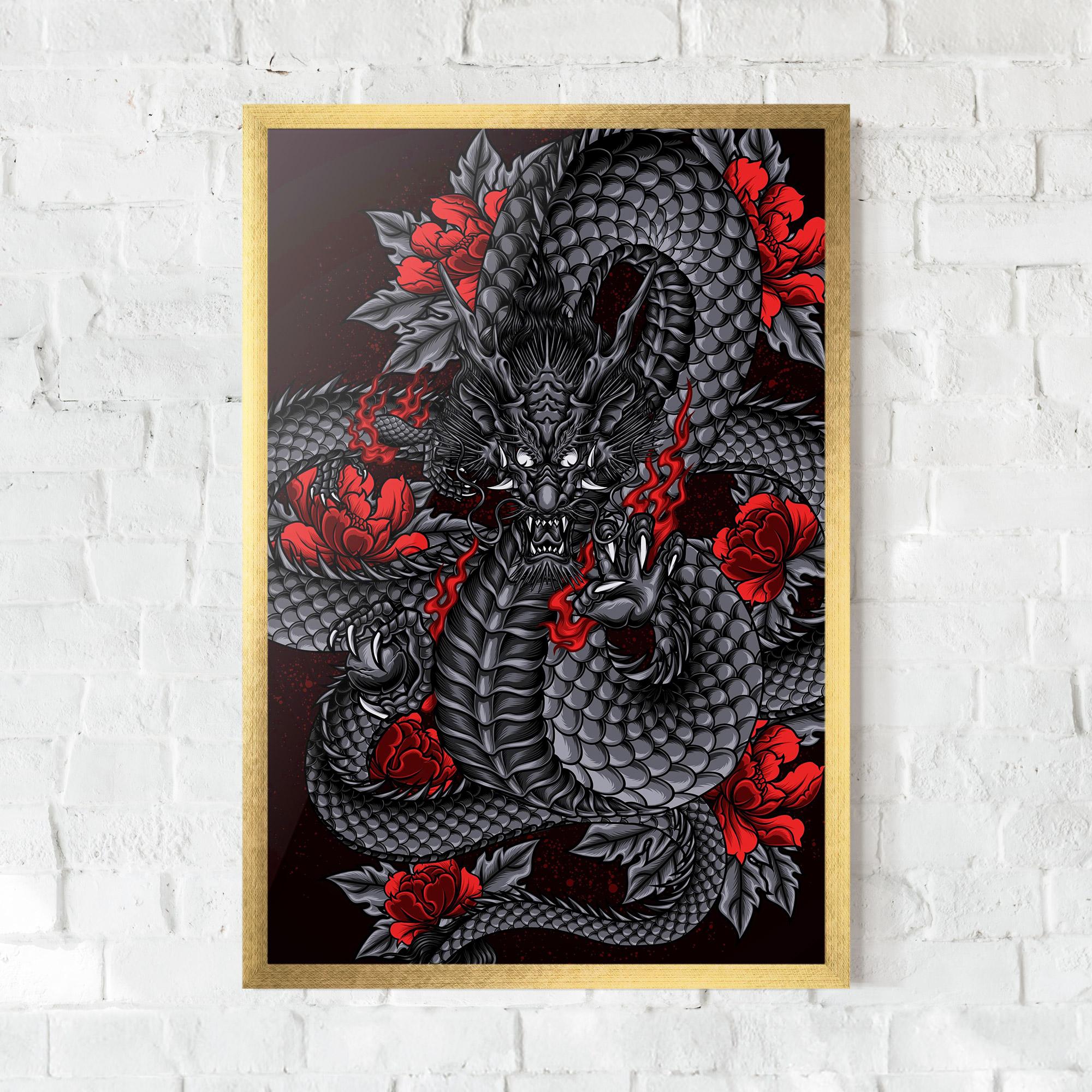 Keretezett Poszter Red Flower Dragon mockup 0