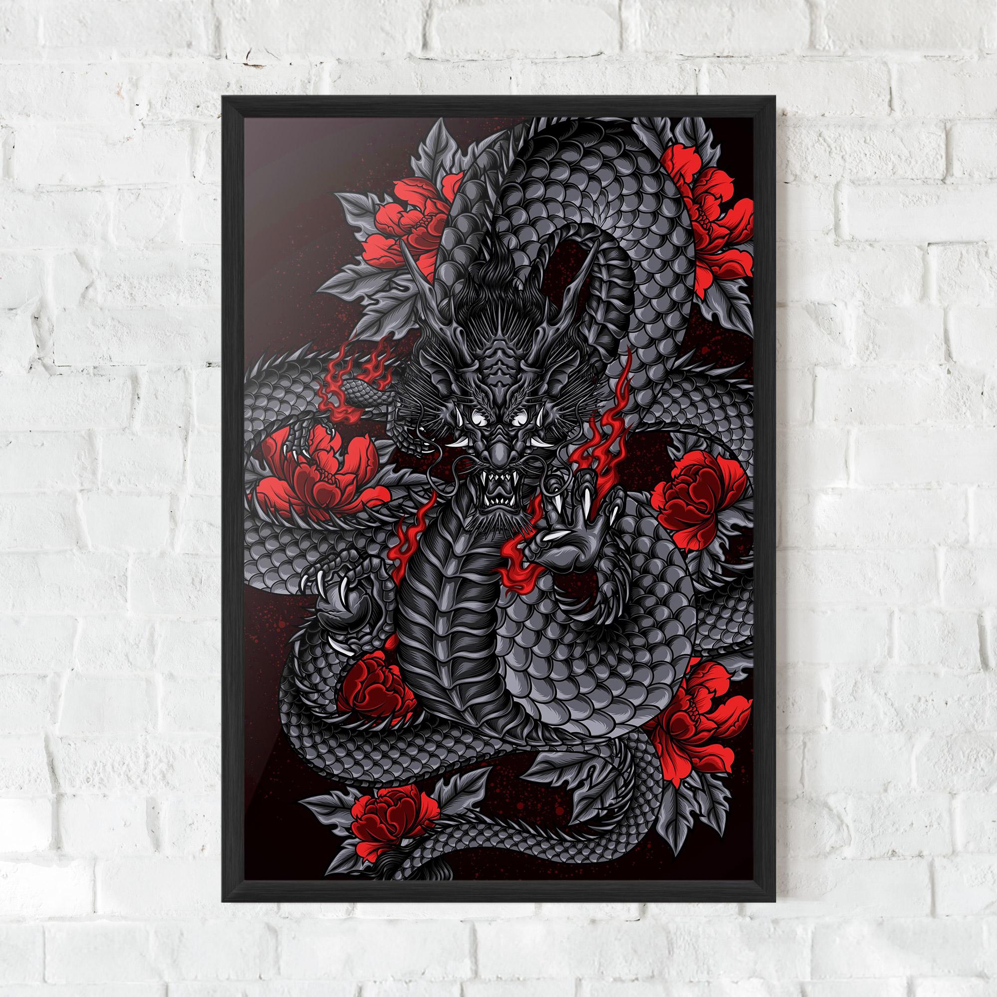 Keretezett Poszter Red Flower Dragon mockup 0