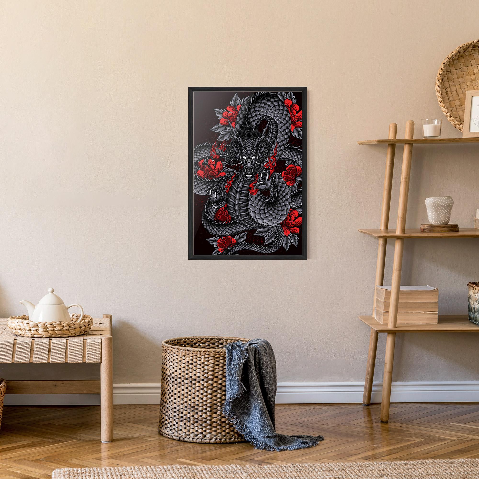 Keretezett Poszter Red Flower Dragon mockup 9