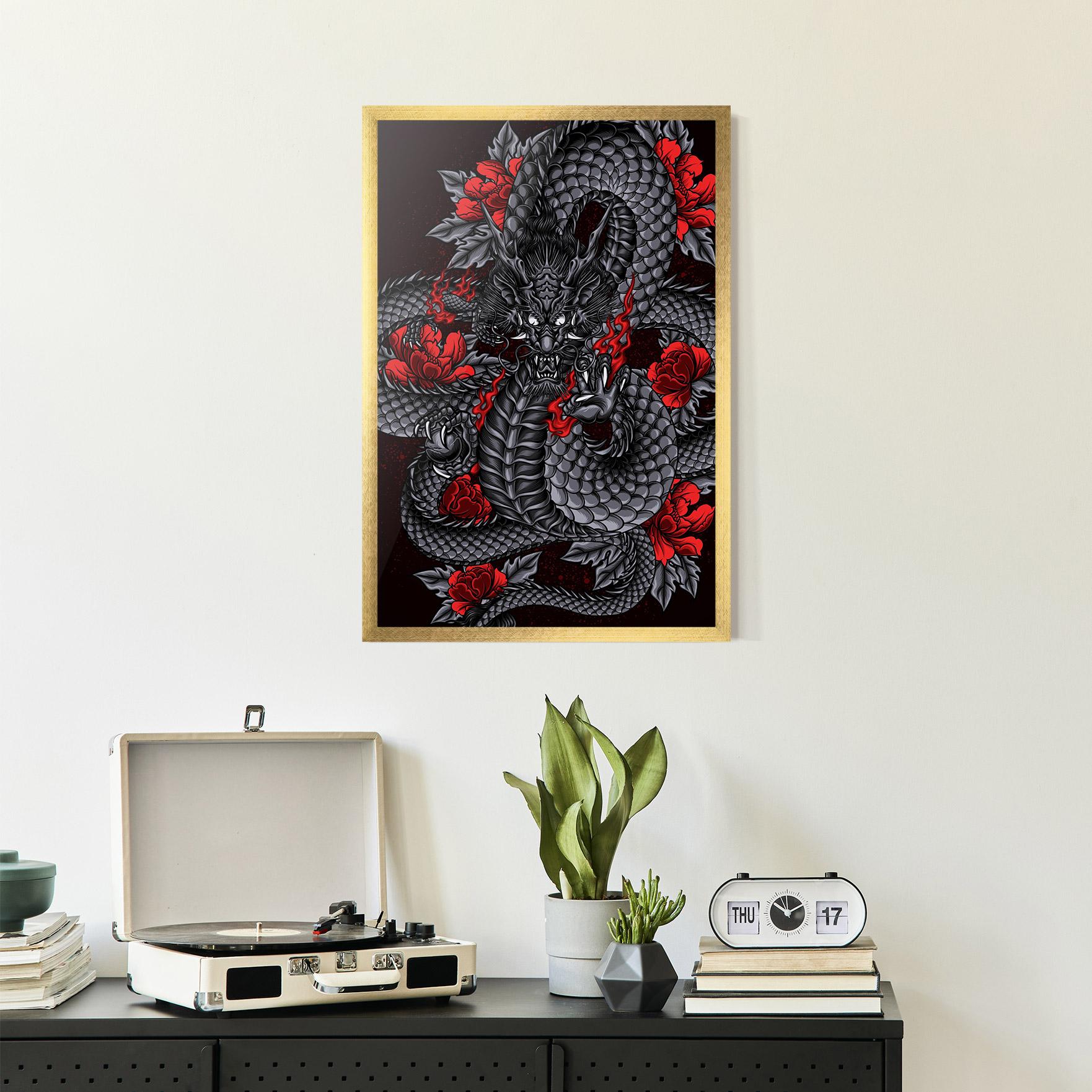 Keretezett Poszter Red Flower Dragon mockup 2