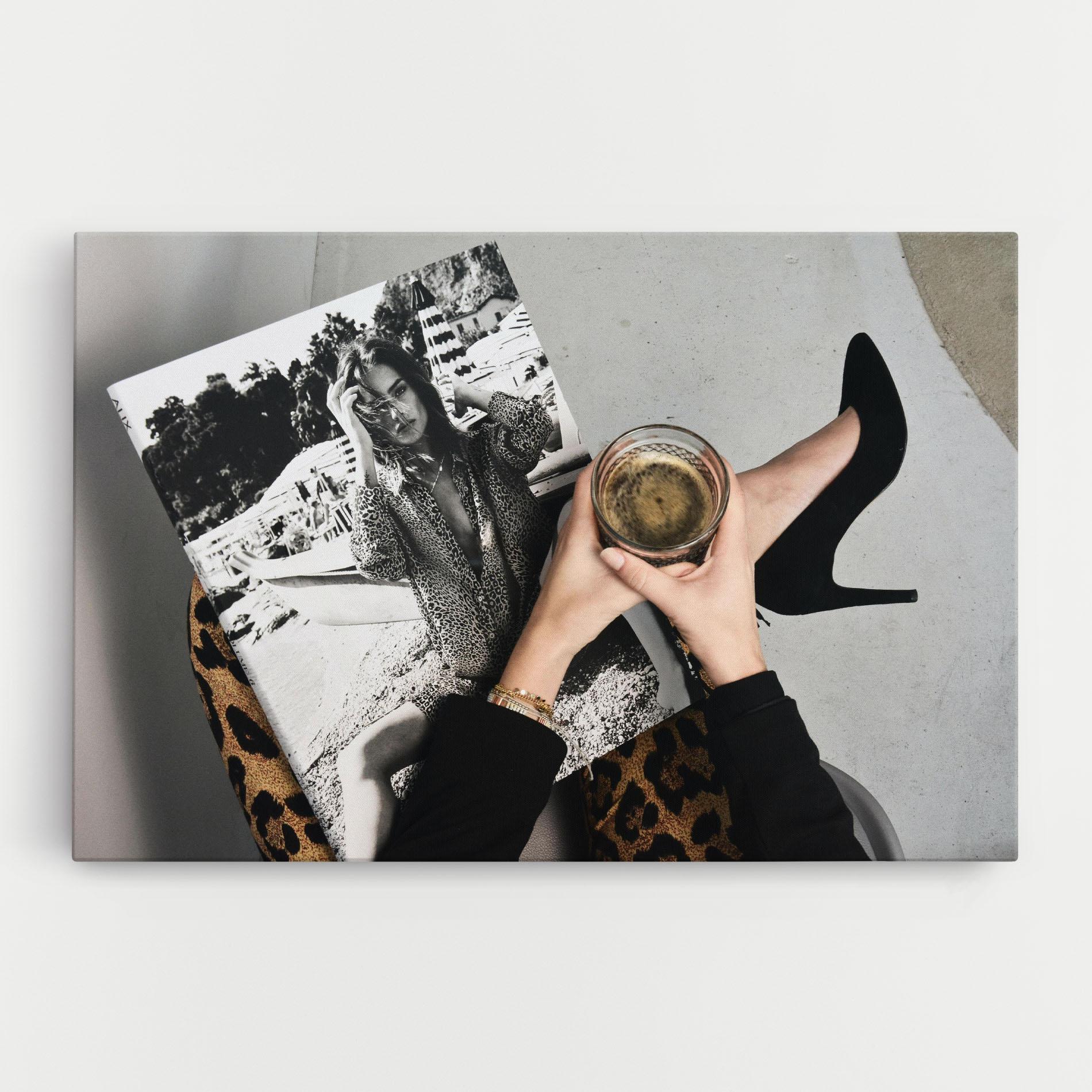 Vászonkép Black Shoes Holding Coffee mockup 0