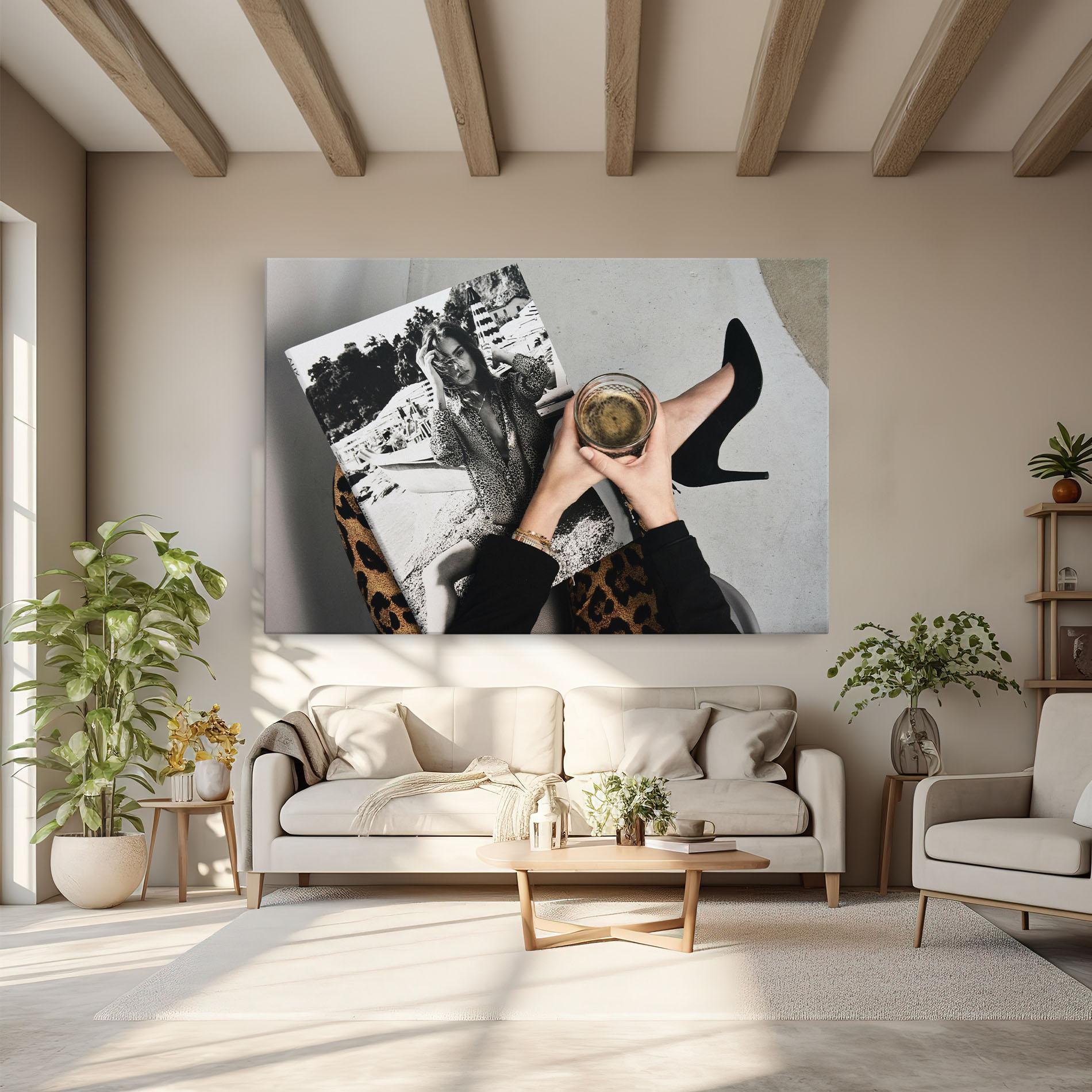 Vászonkép Black Shoes Holding Coffee mockup 6