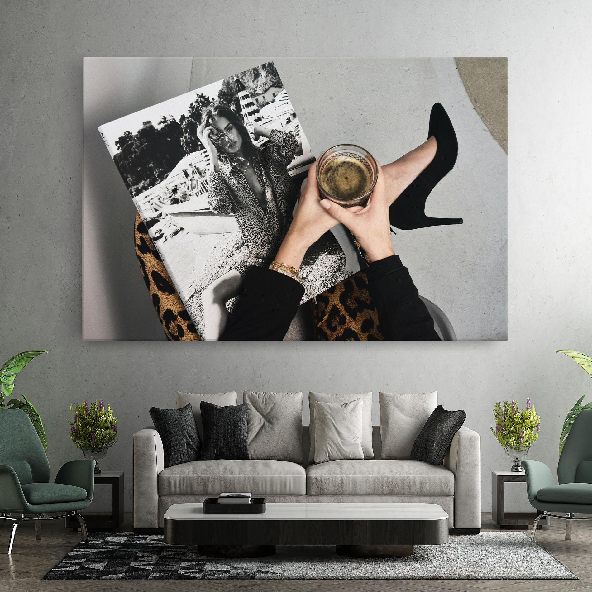 Vászonkép Black Shoes Holding Coffee mockup 7