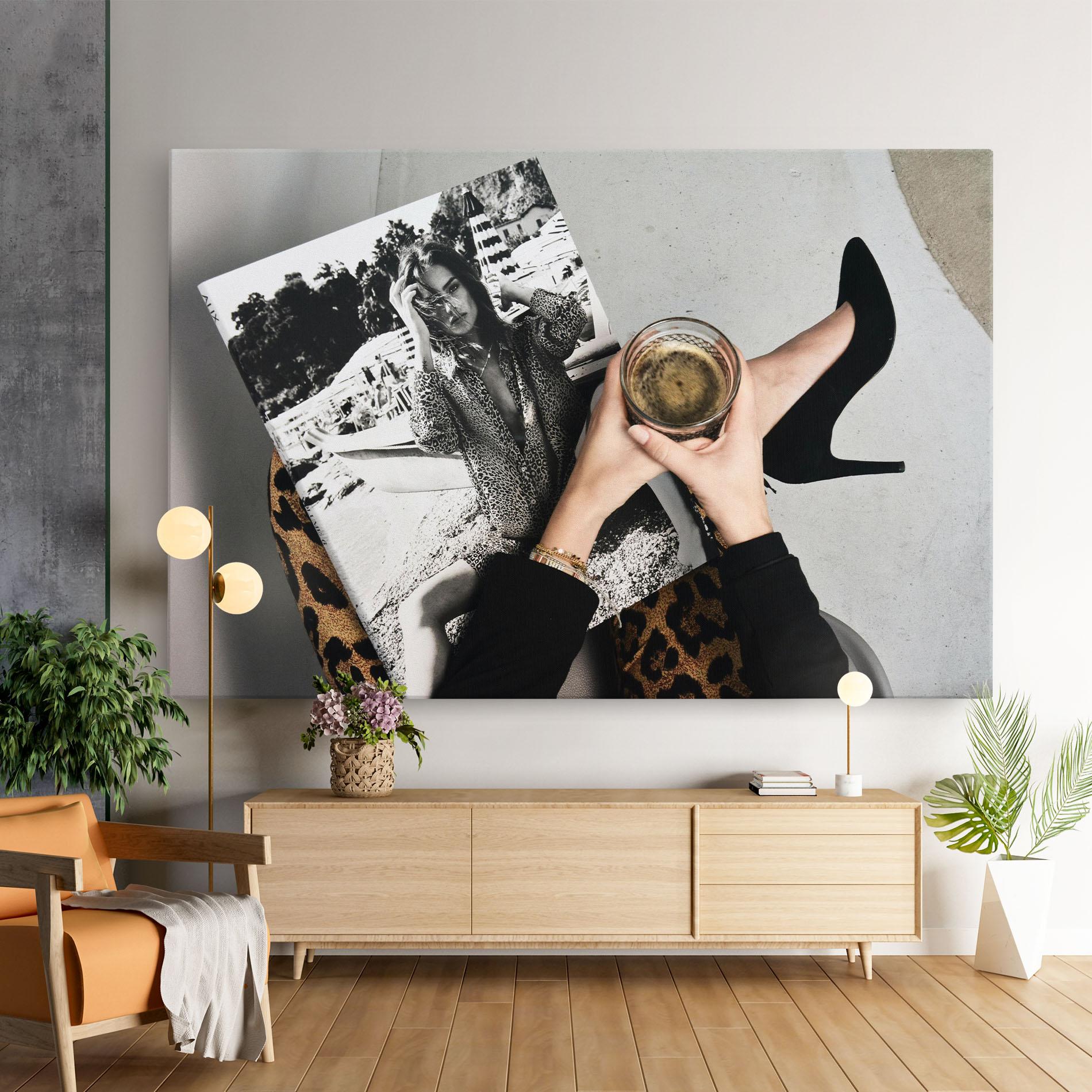 Vászonkép Black Shoes Holding Coffee mockup 9