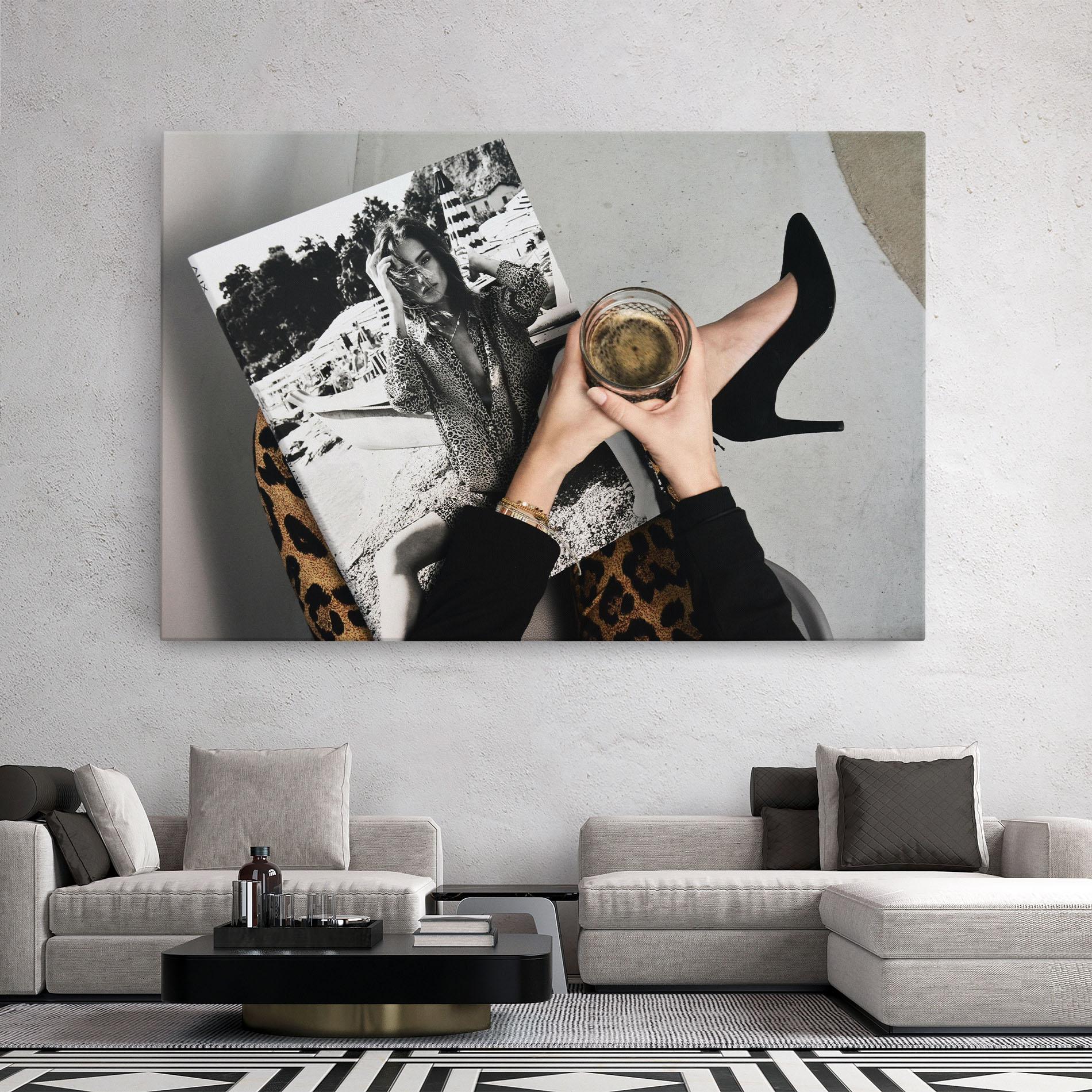 Vászonkép Black Shoes Holding Coffee mockup 2