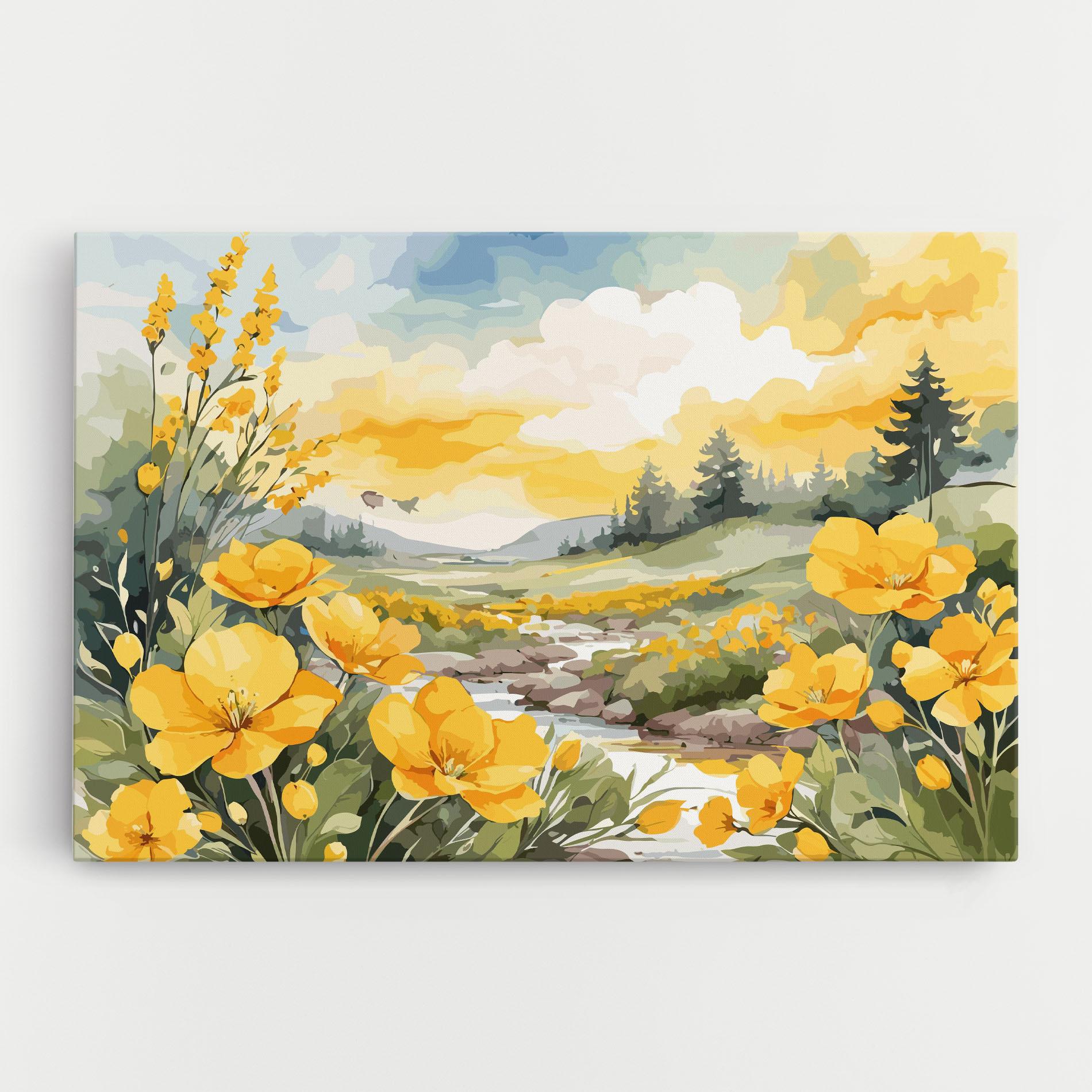Vászonkép Vector_nature_landscape_with_beautiful_yellow_flowers_watercolor mockup 0