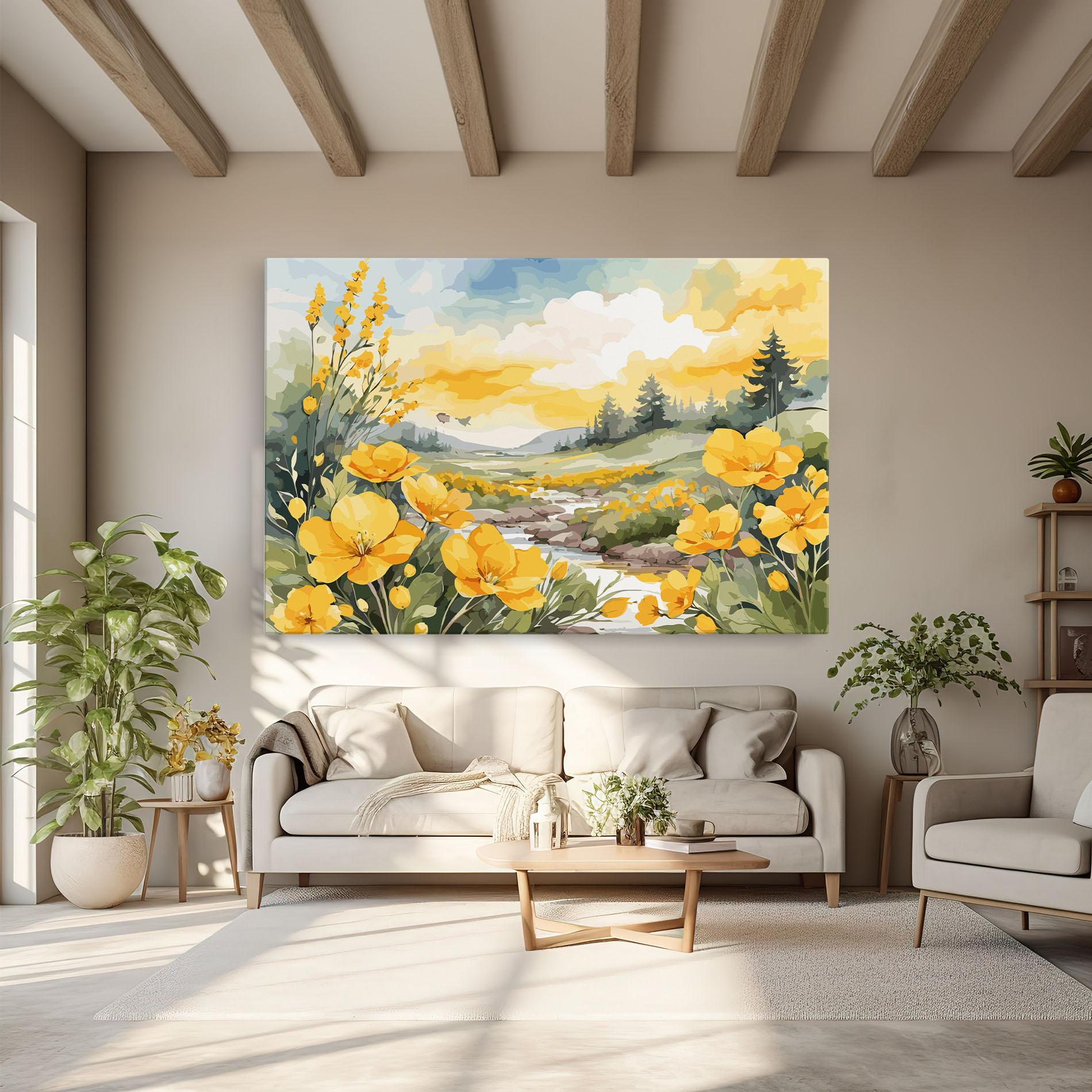 Vászonkép Vector_nature_landscape_with_beautiful_yellow_flowers_watercolor mockup 6