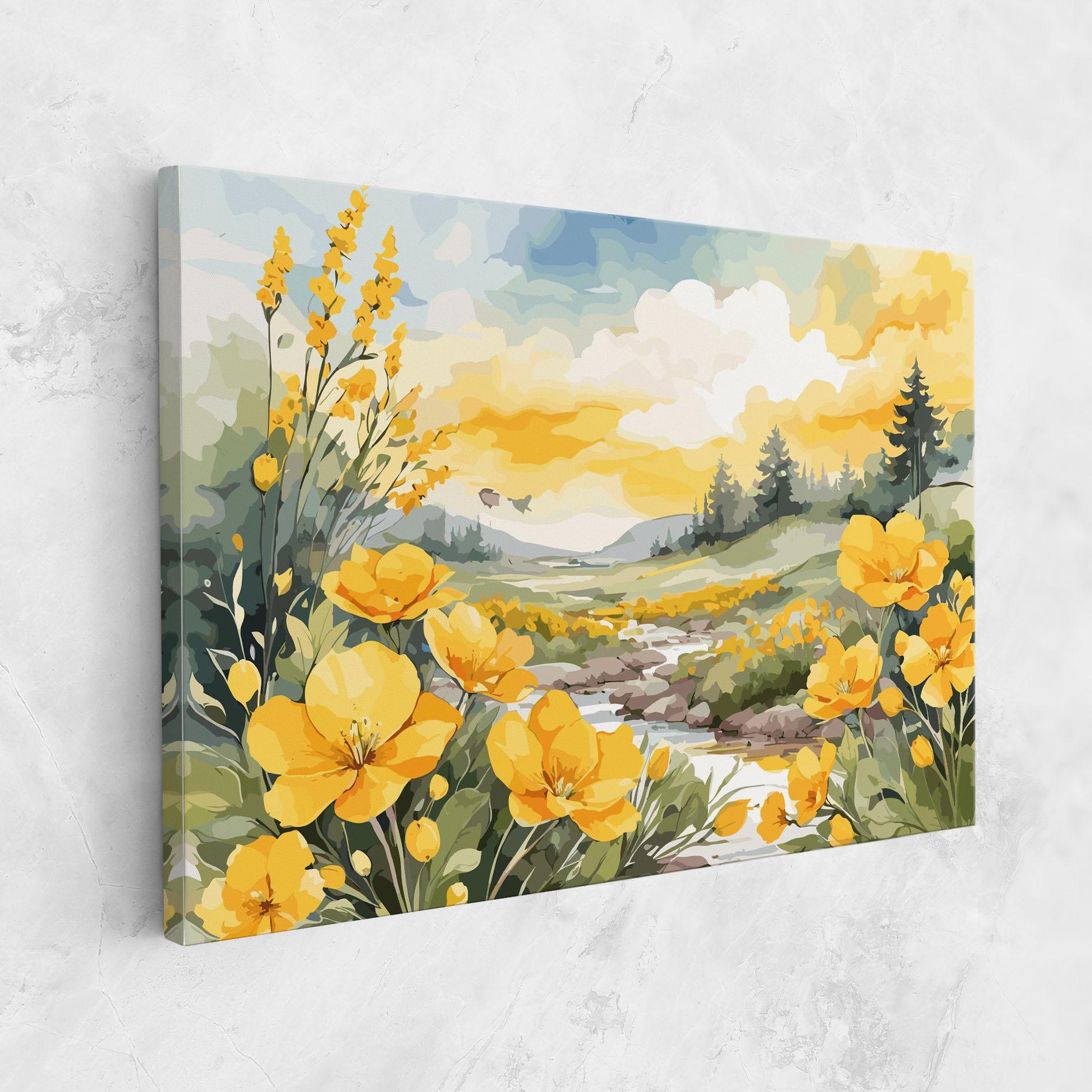 Vászonkép Vector_nature_landscape_with_beautiful_yellow_flowers_watercolor mockup 1