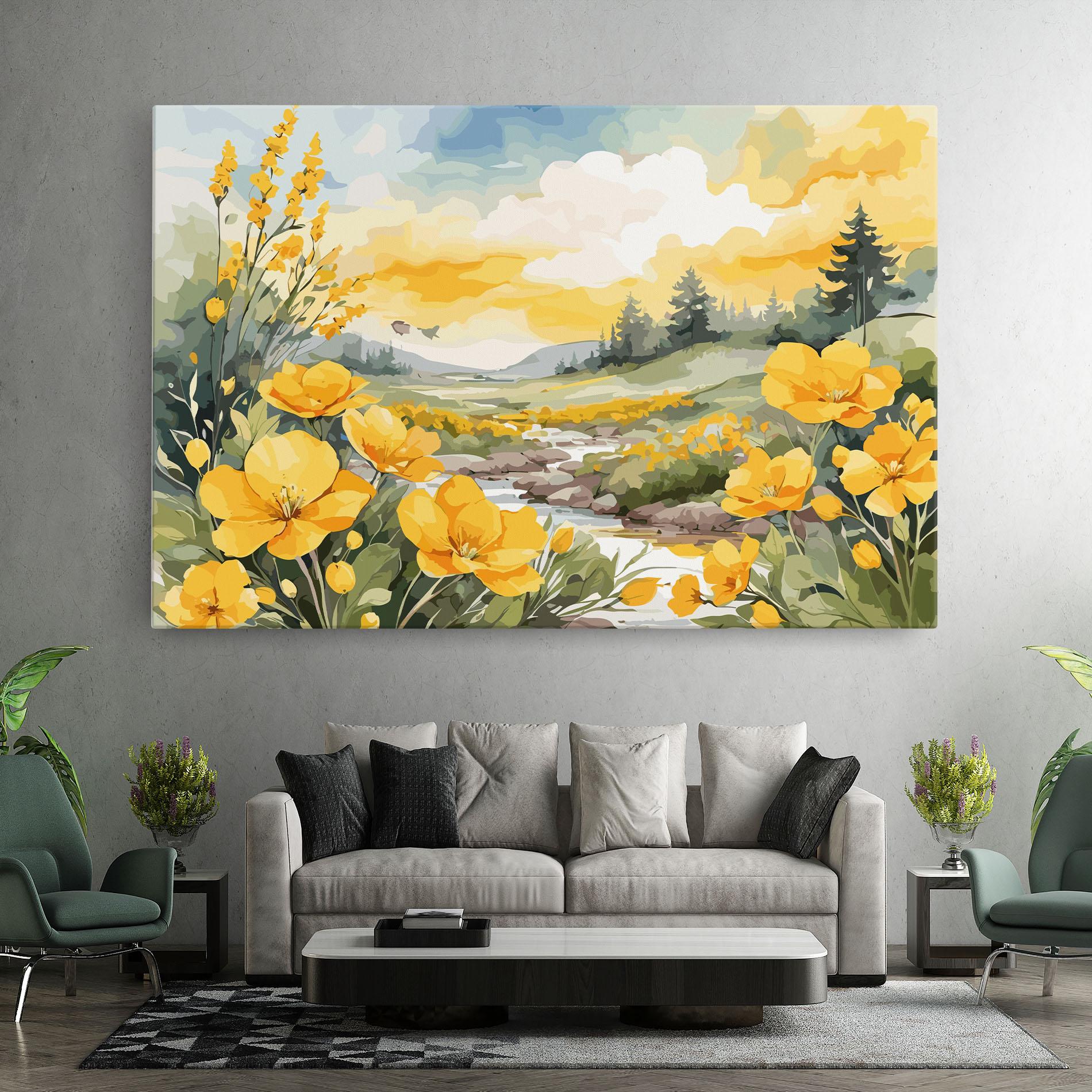 Vászonkép Vector_nature_landscape_with_beautiful_yellow_flowers_watercolor mockup 7